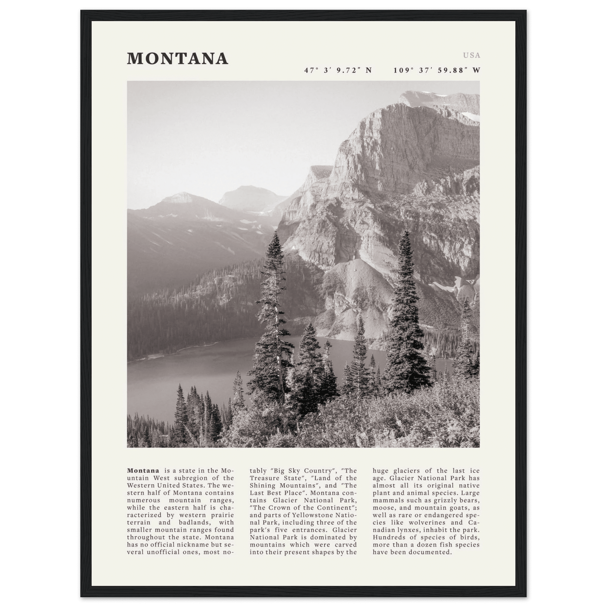 Montana Poster | Black & White Glacier National Park Wall Art | Nature Travel Print - Evergreen Posters