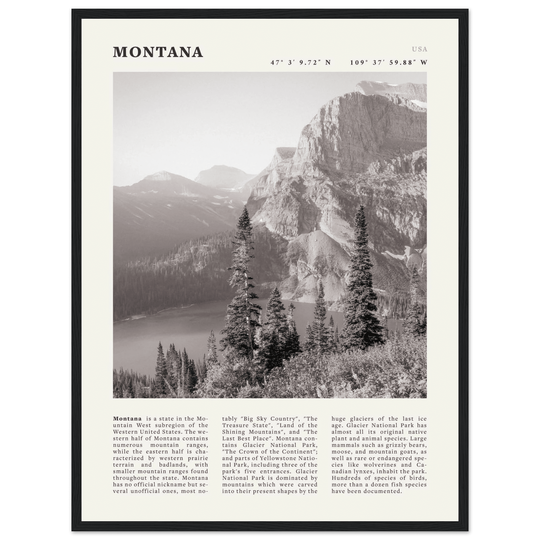 Montana Poster | Black & White Glacier National Park Wall Art | Nature Travel Print - Evergreen Posters