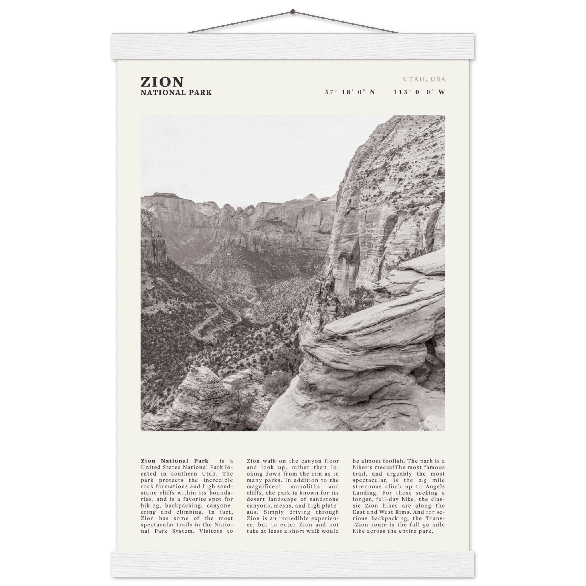 Zion National Park Poster | Black & White Utah Canyon Wall Art | USA Travel Print - Evergreen Posters