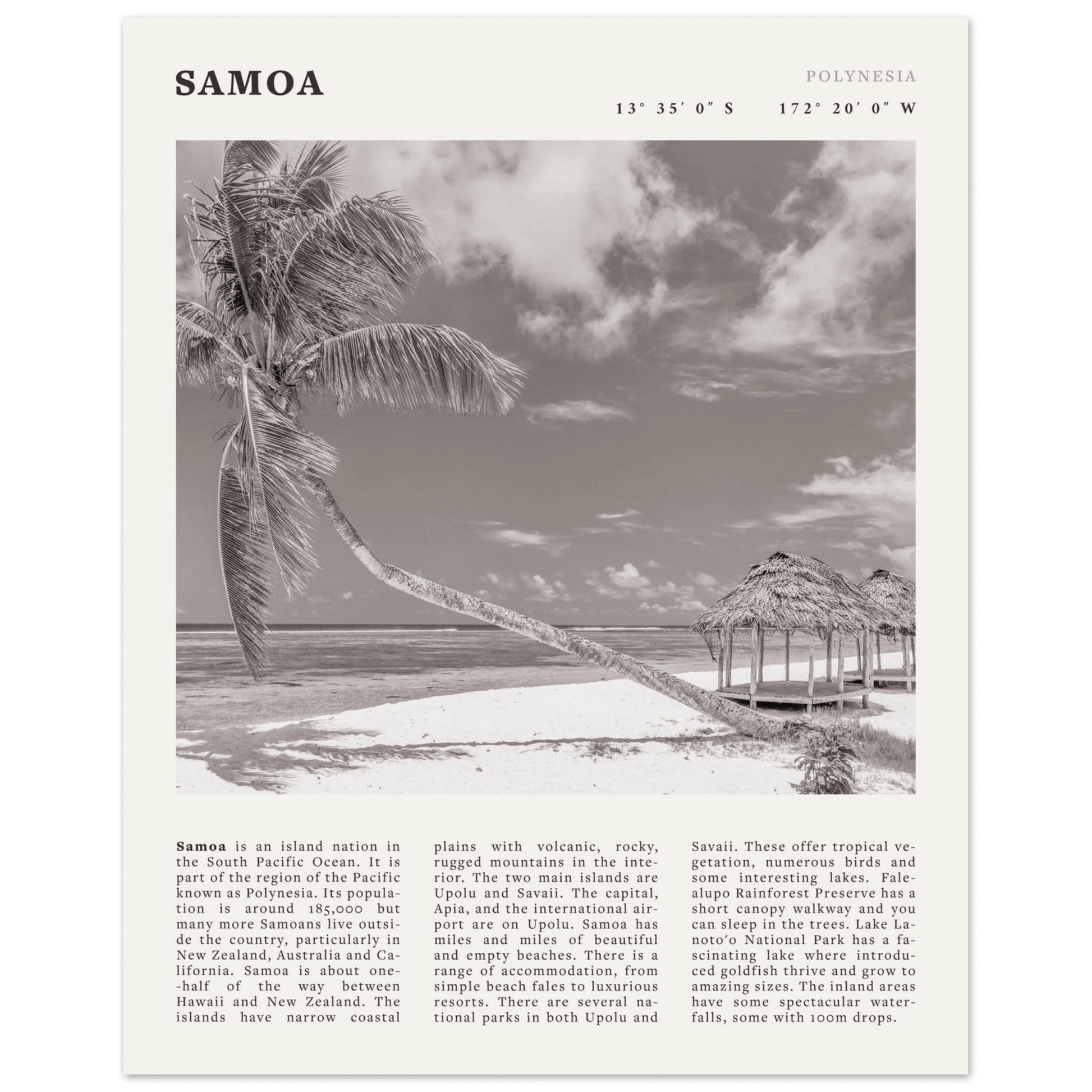 Samoa Poster | Black & White South Pacific Beach Wall Art | Polynesia Travel Print - Evergreen Posters