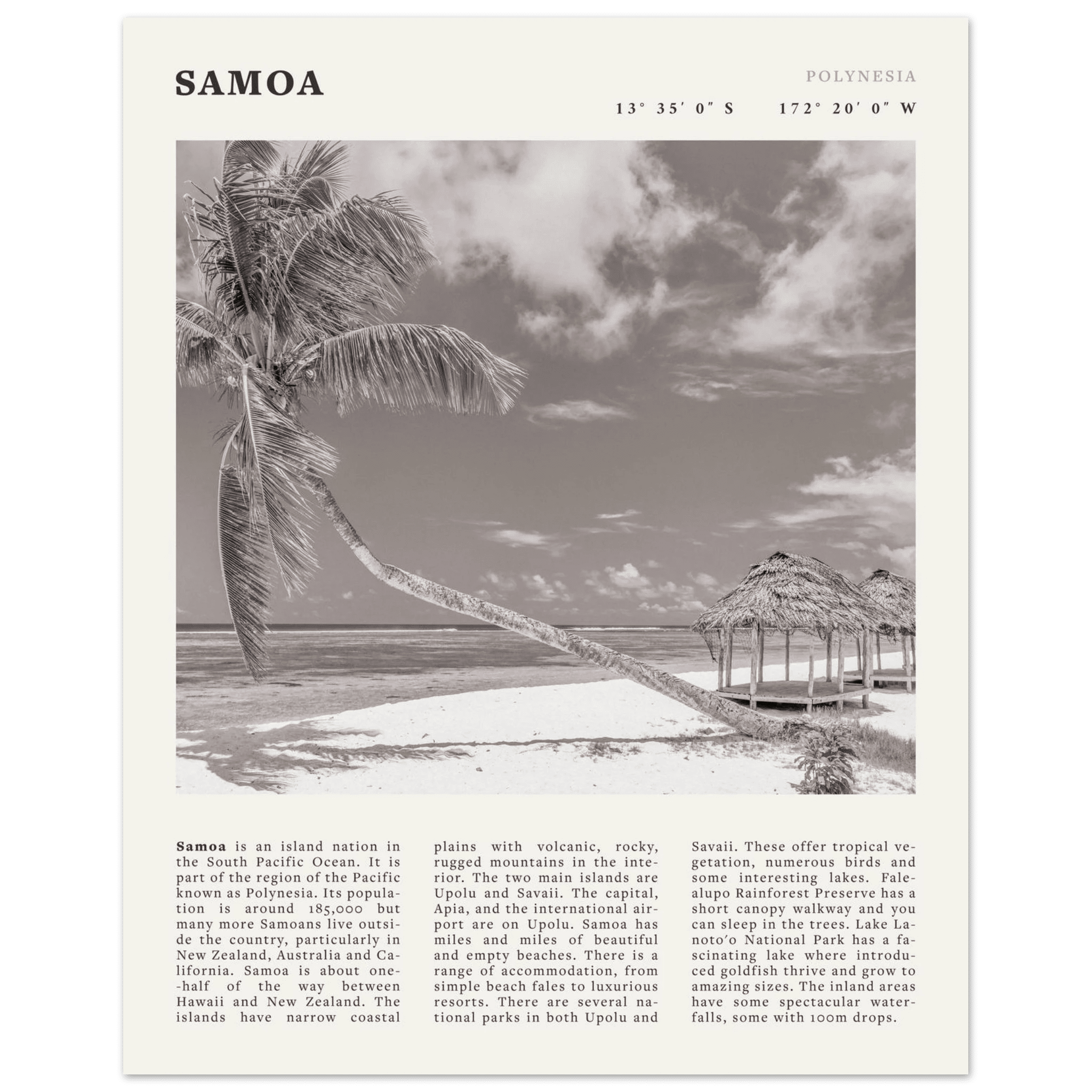 Samoa Poster | Black & White South Pacific Beach Wall Art | Polynesia Travel Print - Evergreen Posters