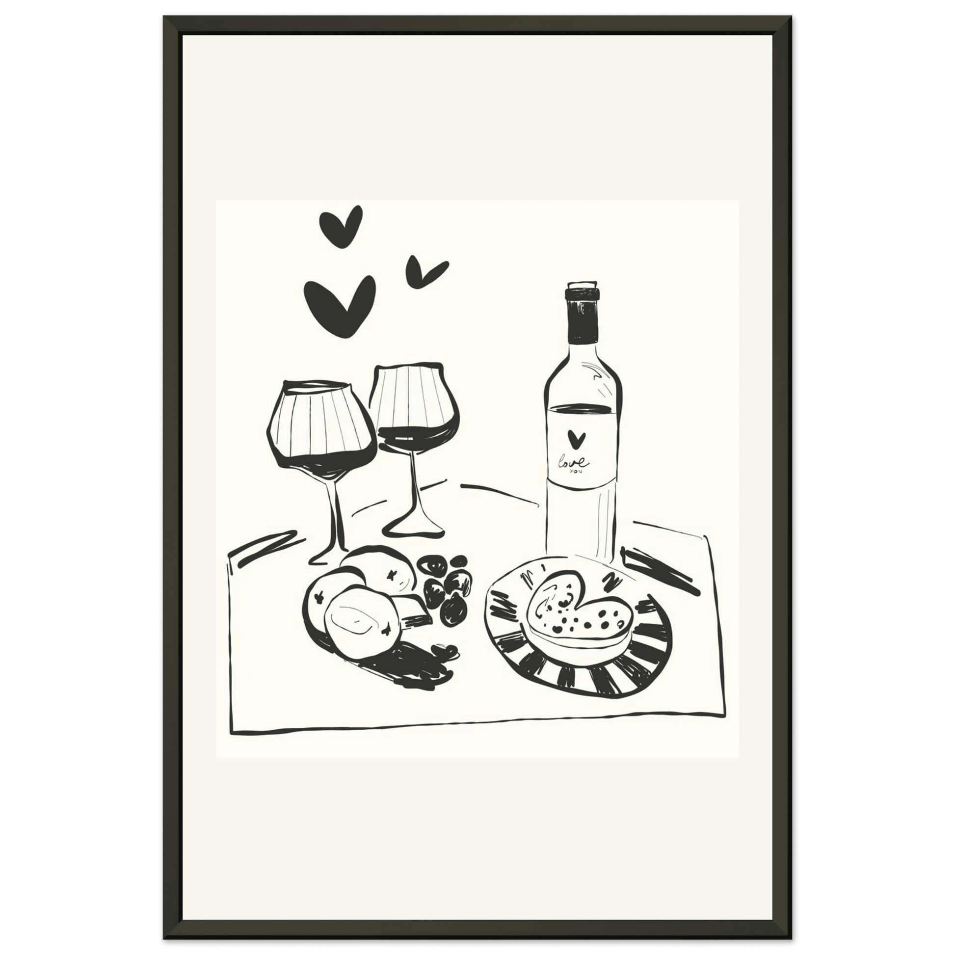 Wine for Two Print | Black Line Art Romantic Kitchen Wall Art | Couples Poster - Evergreen Posters