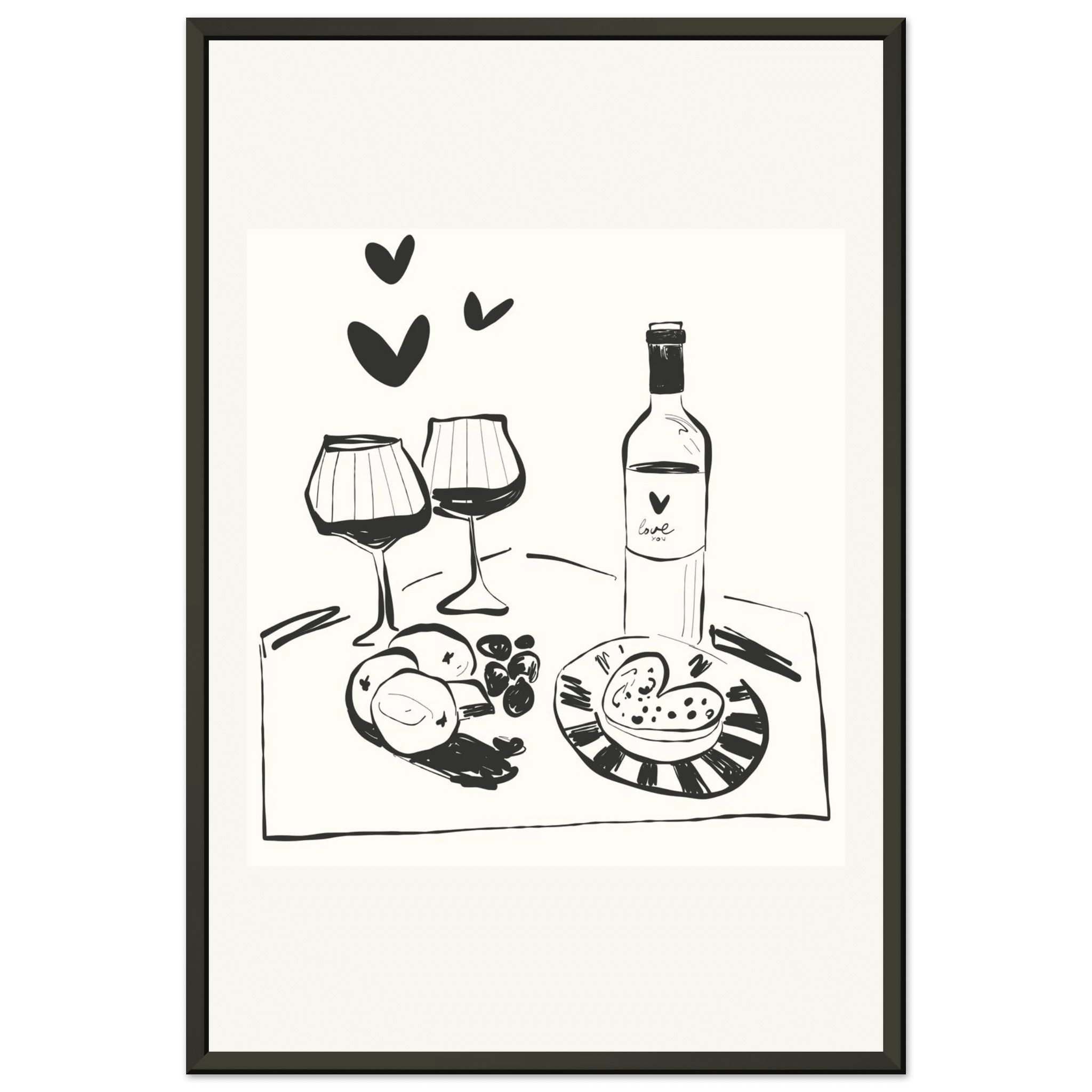 Wine for Two Print | Black Line Art Romantic Kitchen Wall Art | Couples Poster - Evergreen Posters