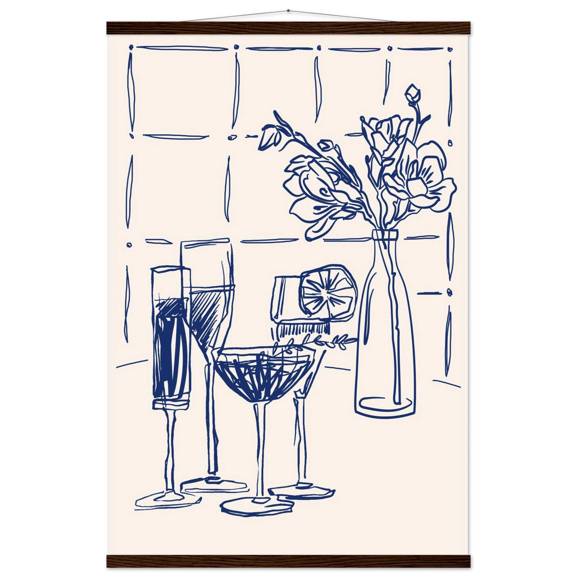 Cocktails & Flowers Print | Navy Blue Line Art Drinks Wall Art | Kitchen Bar Poster - Evergreen Posters