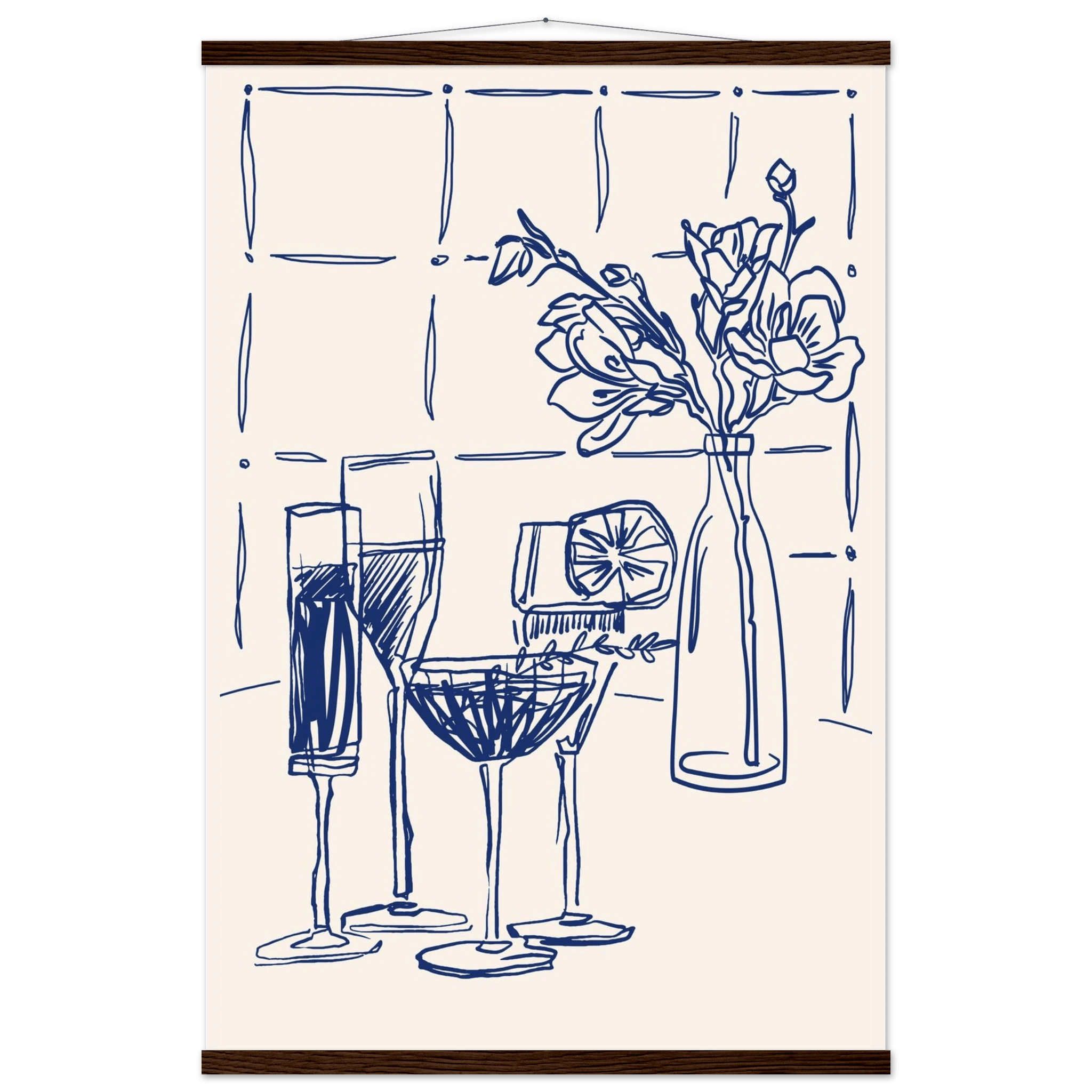 Cocktails & Flowers Print | Navy Blue Line Art Drinks Wall Art | Kitchen Bar Poster - Evergreen Posters