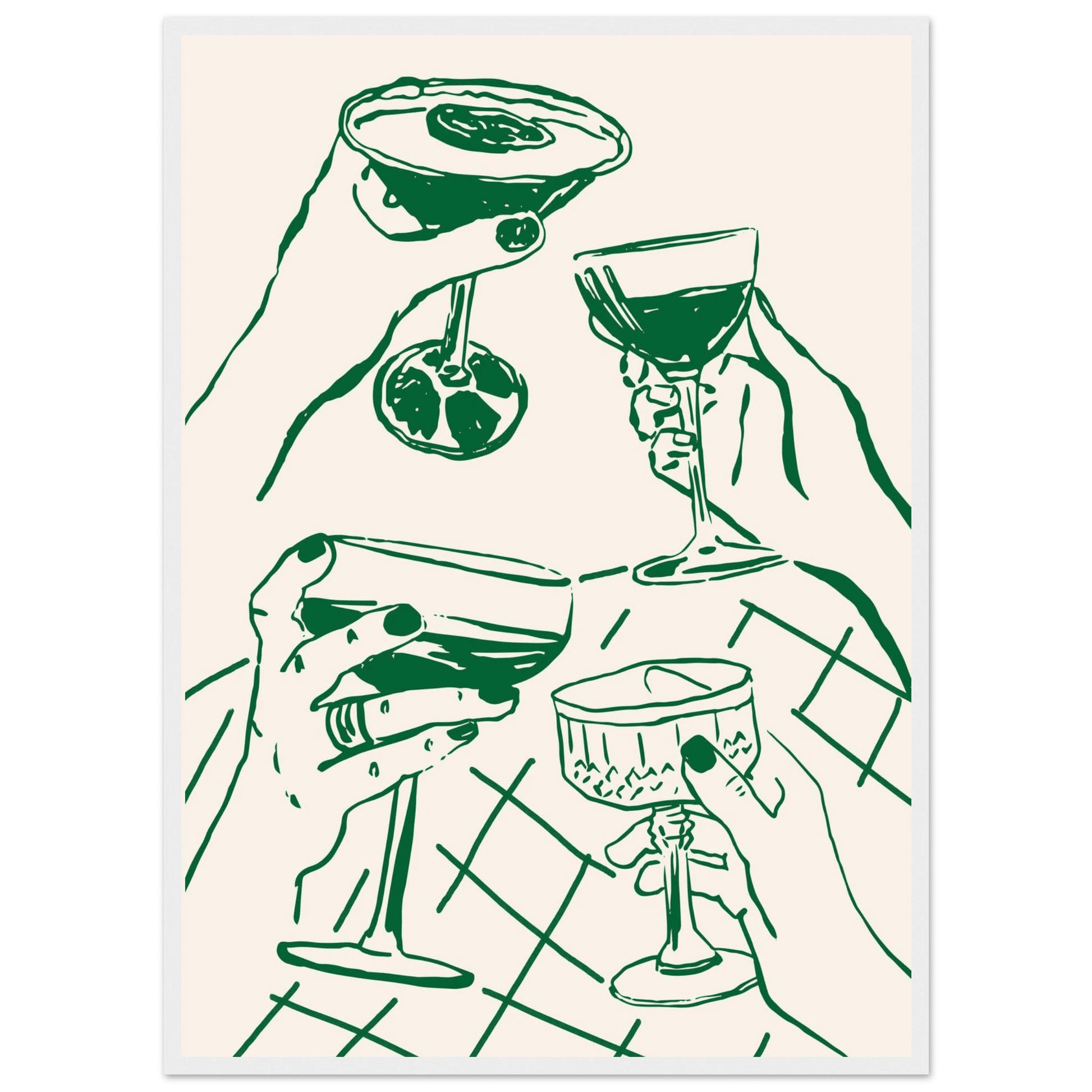 Cheers Print | Forest Green Cocktail Glasses Wall Art | Kitchen Bar Poster - Evergreen Posters