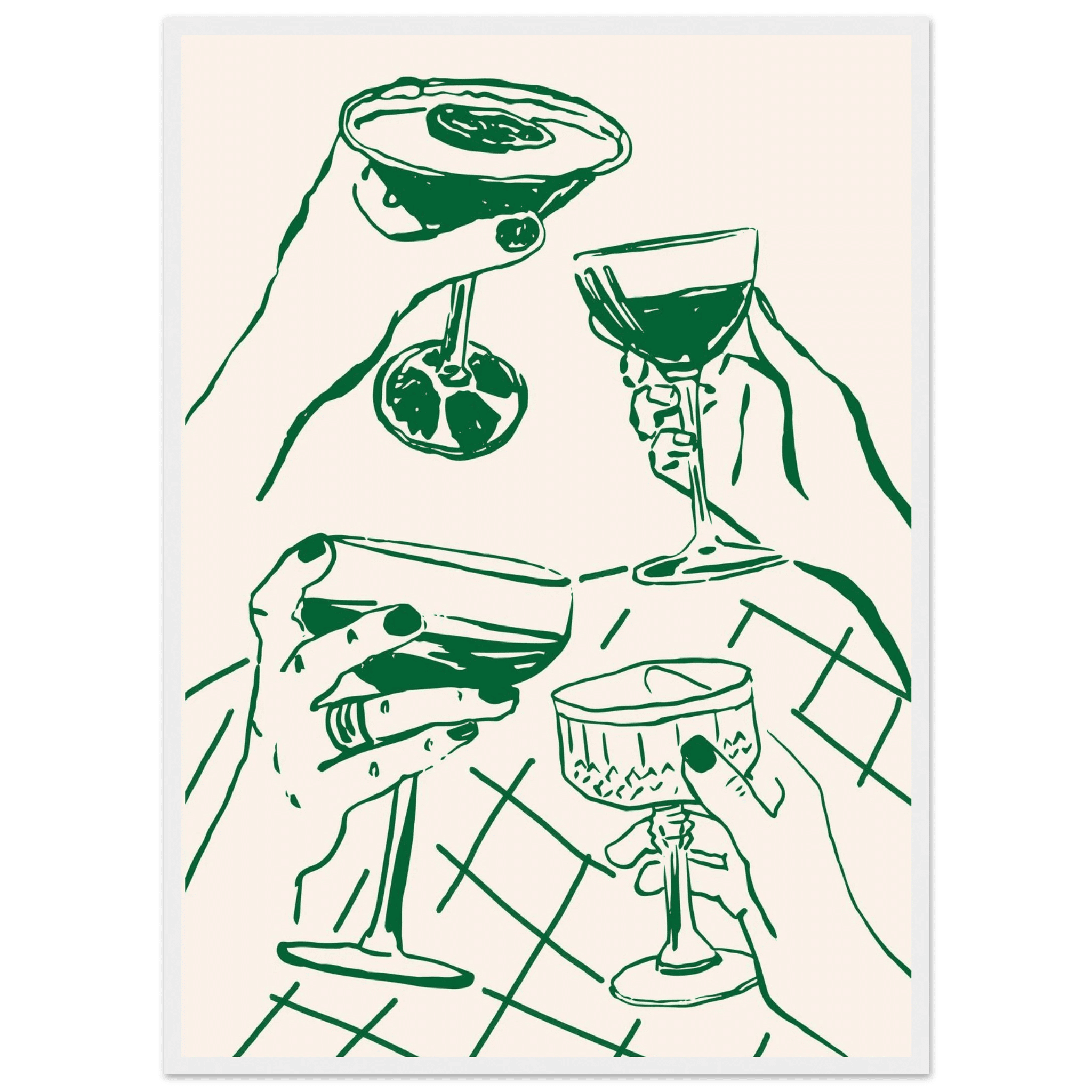 Cheers Print | Forest Green Cocktail Glasses Wall Art | Kitchen Bar Poster - Evergreen Posters