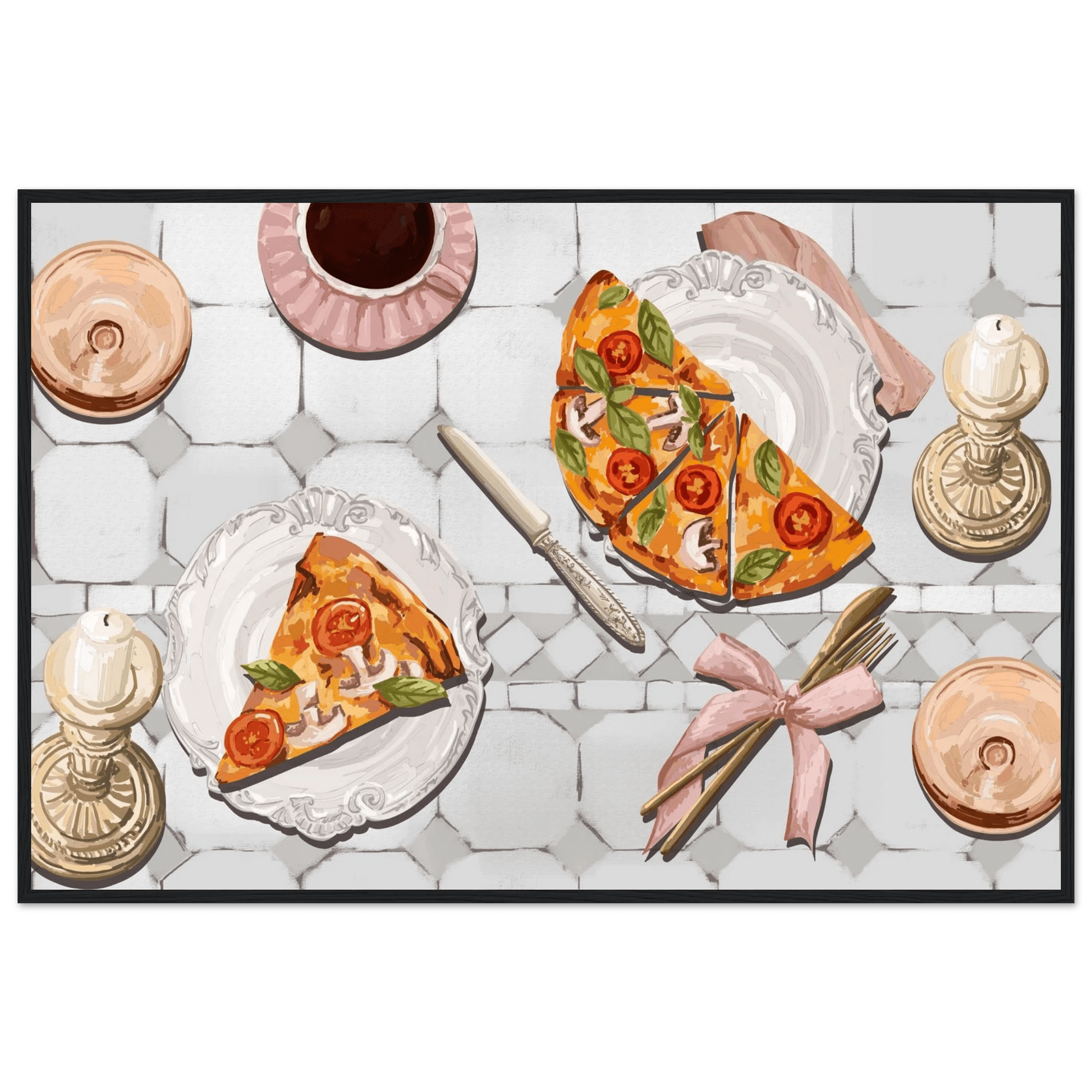 Pizza & Tea Kitchen Poster | Horizontal Food Wall Art | Italian Dining Room Print - Evergreen Posters
