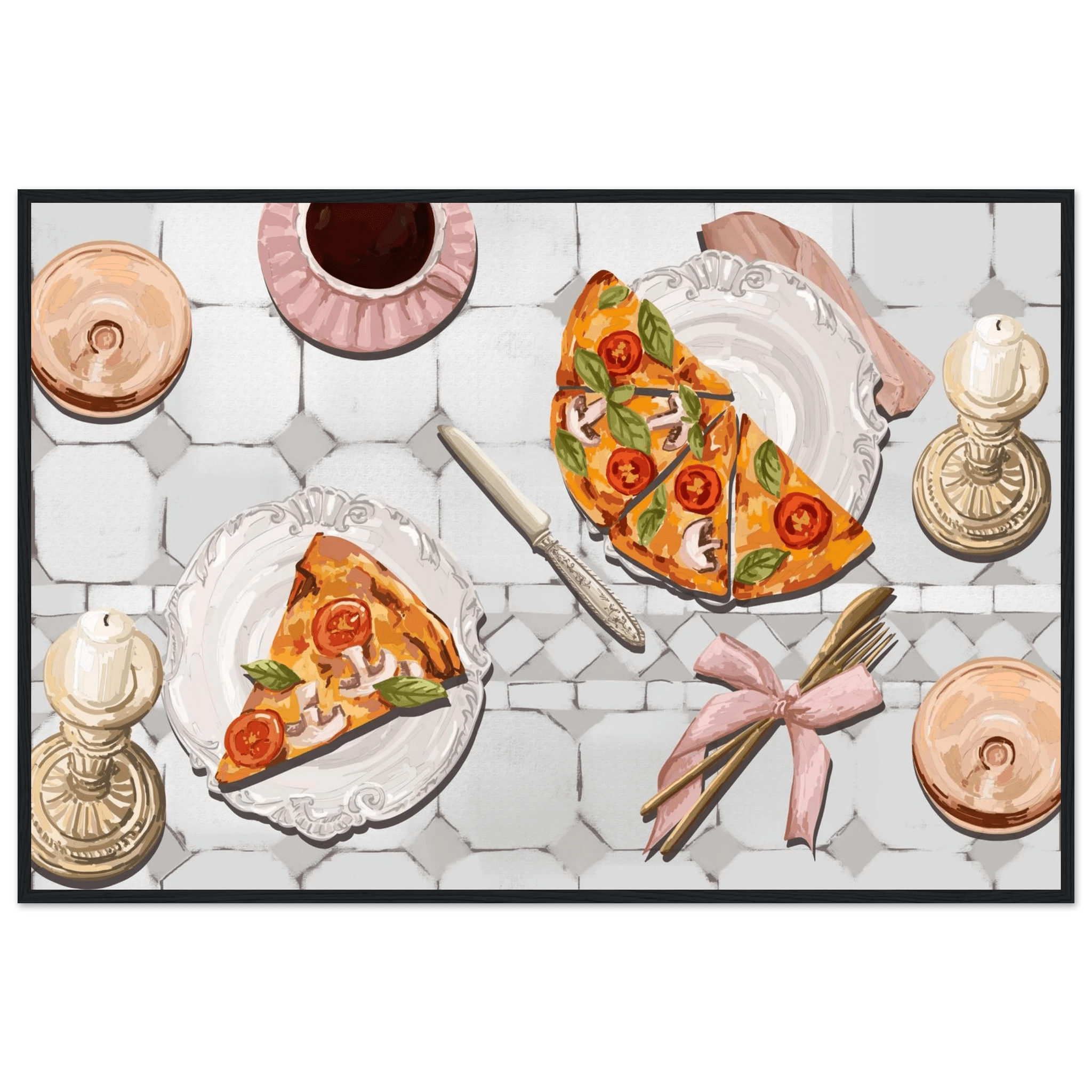 Pizza & Tea Kitchen Poster | Horizontal Food Wall Art | Italian Dining Room Print - Evergreen Posters