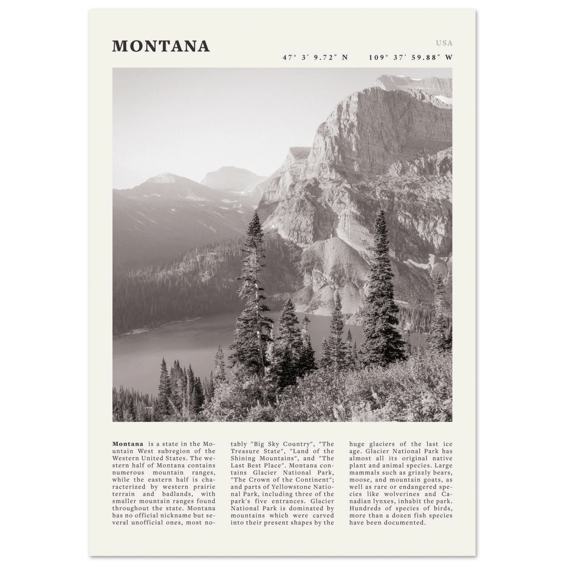 Montana Poster | Black & White Glacier National Park Wall Art | Nature Travel Print - Evergreen Posters