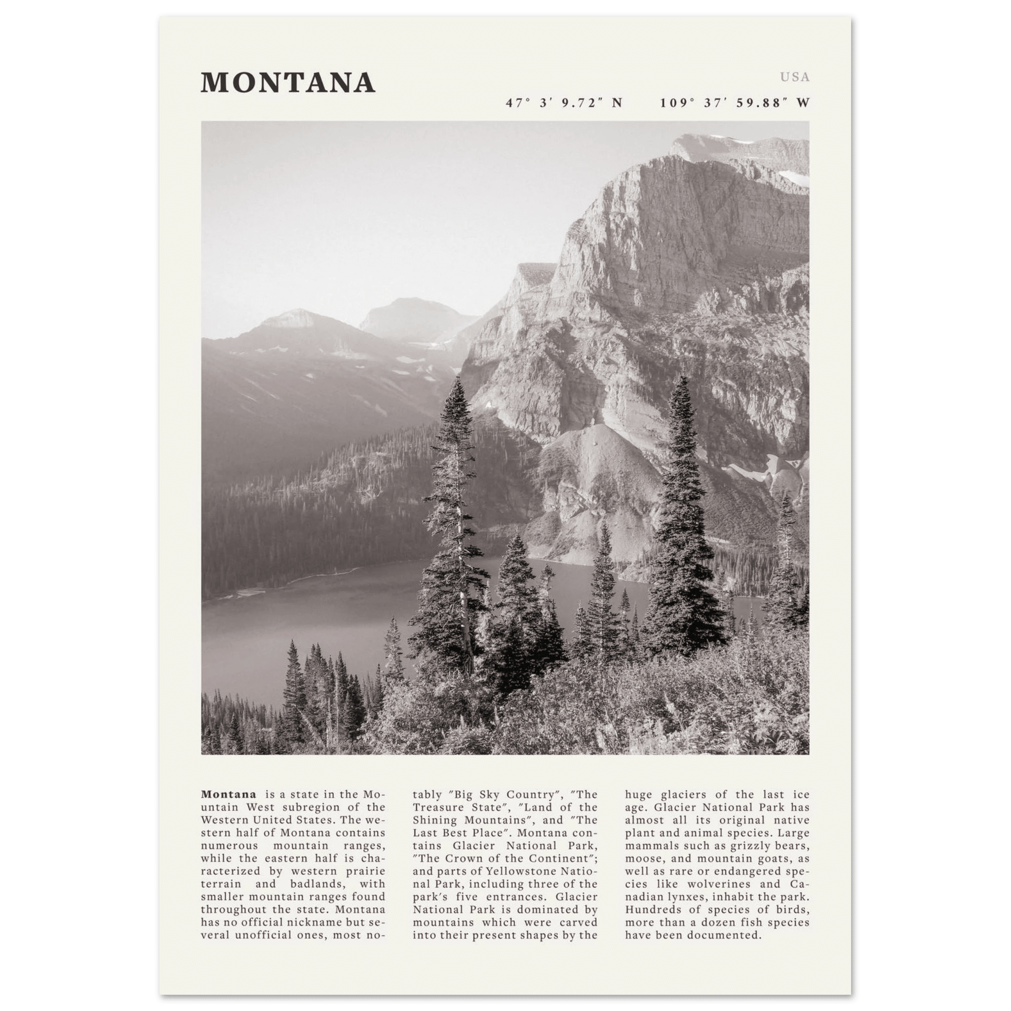 Montana Poster | Black & White Glacier National Park Wall Art | Nature Travel Print - Evergreen Posters
