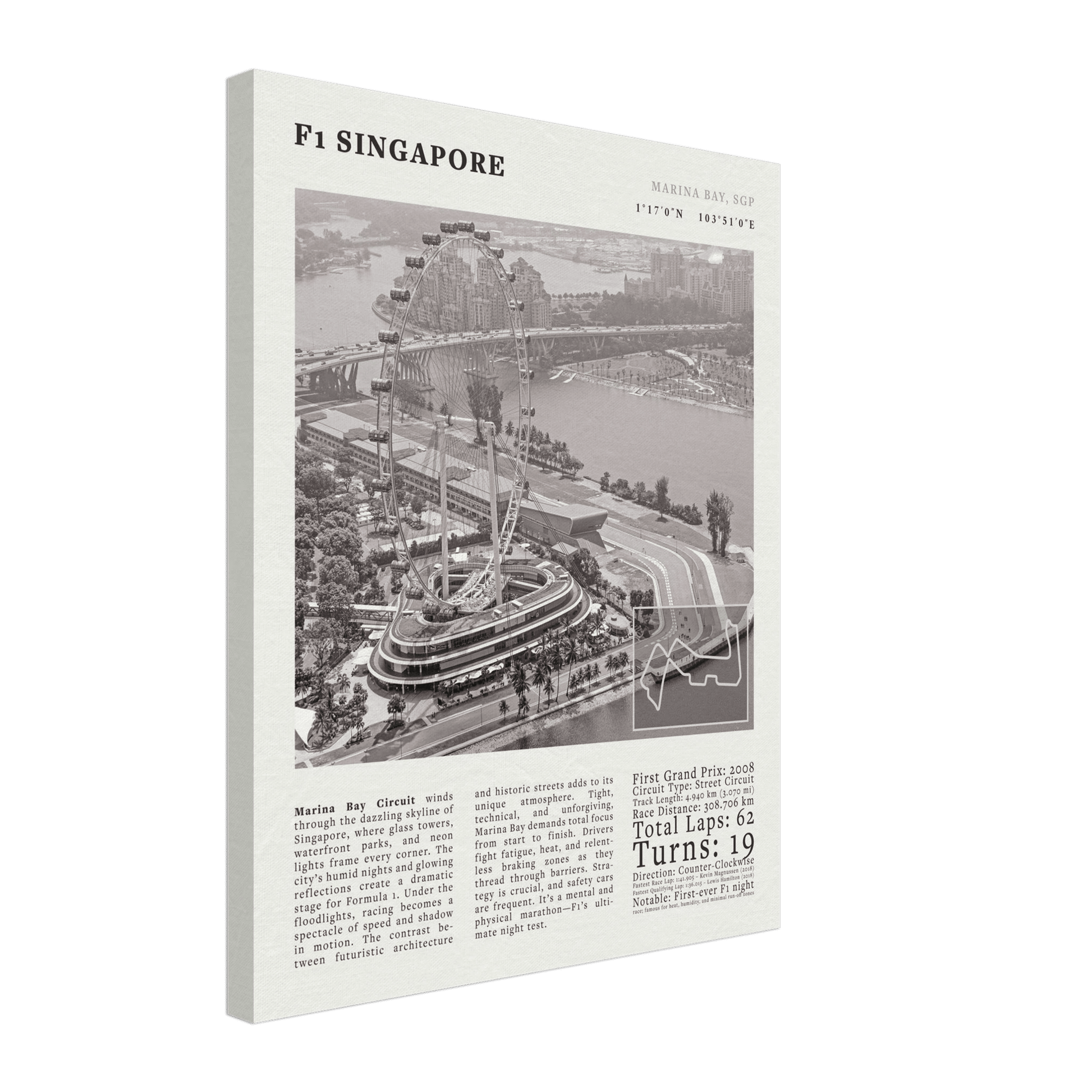 F1 Singapore Poster Black and White – Vintage Marina Bay Night Race Print (Digital & Printed Options) - Evergreen Posters