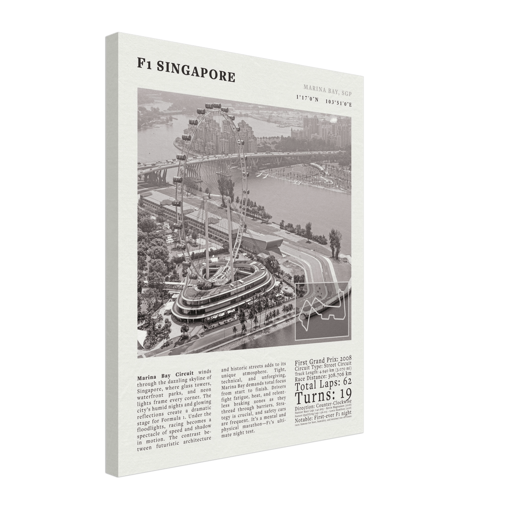 F1 Singapore Poster Black and White – Vintage Marina Bay Night Race Print (Digital & Printed Options) - Evergreen Posters