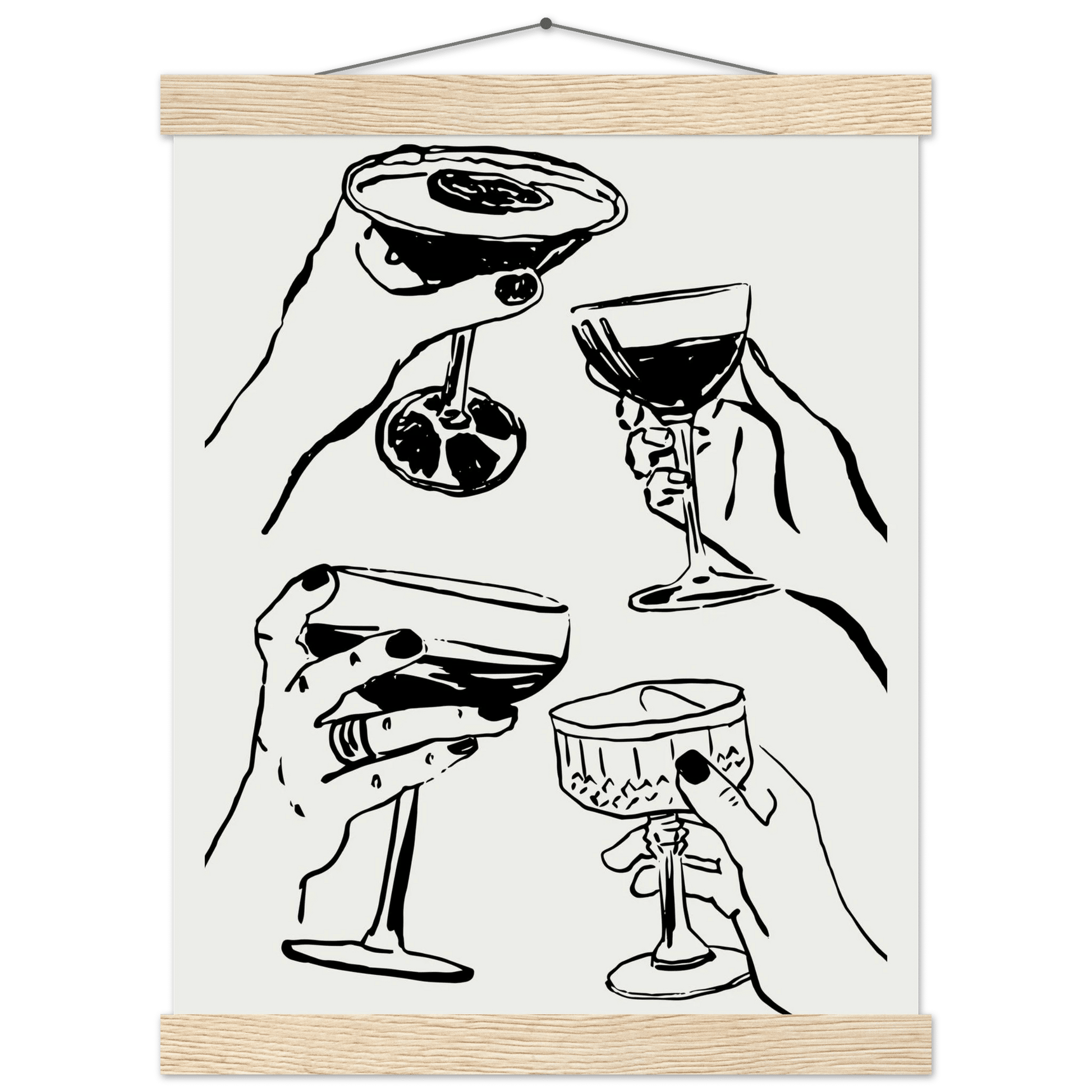 Cheers Print | Black Line Art Cocktail Glasses Wall Art | Kitchen Bar Poster - Evergreen Posters