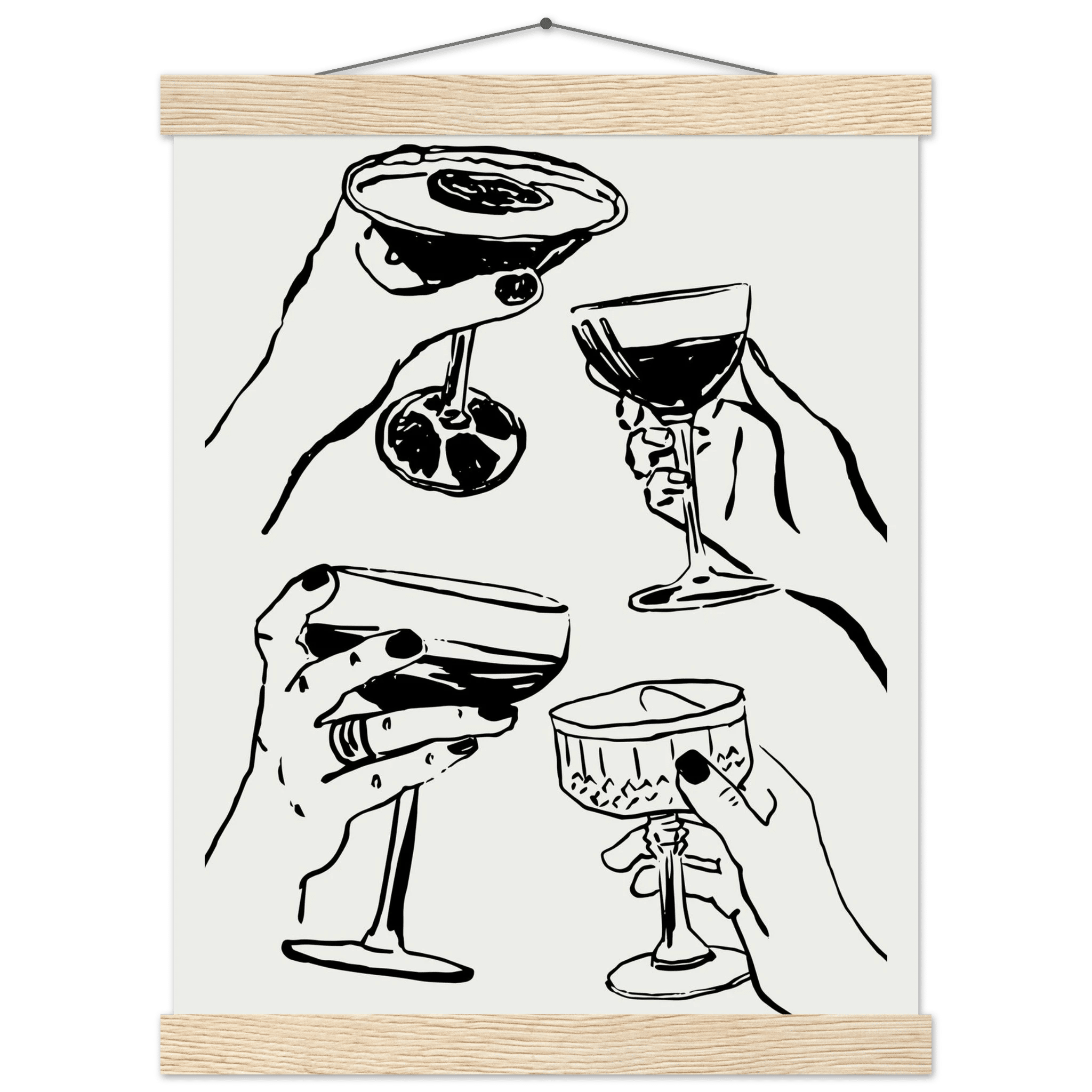 Cheers Print | Black Line Art Cocktail Glasses Wall Art | Kitchen Bar Poster - Evergreen Posters