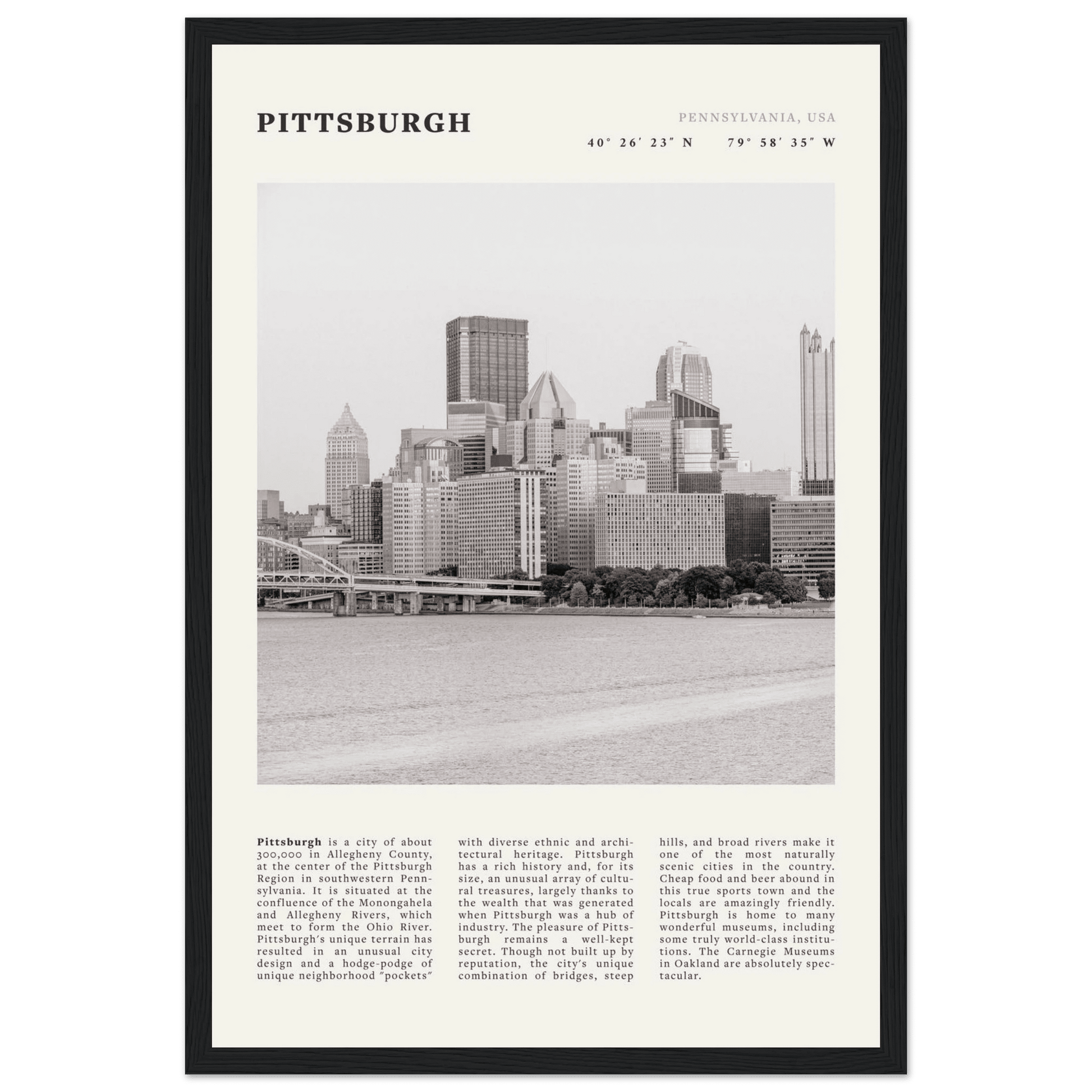 Pittsburgh Poster | Black & White Pennsylvania Skyline Wall Art | PA Travel Print - Evergreen Posters
