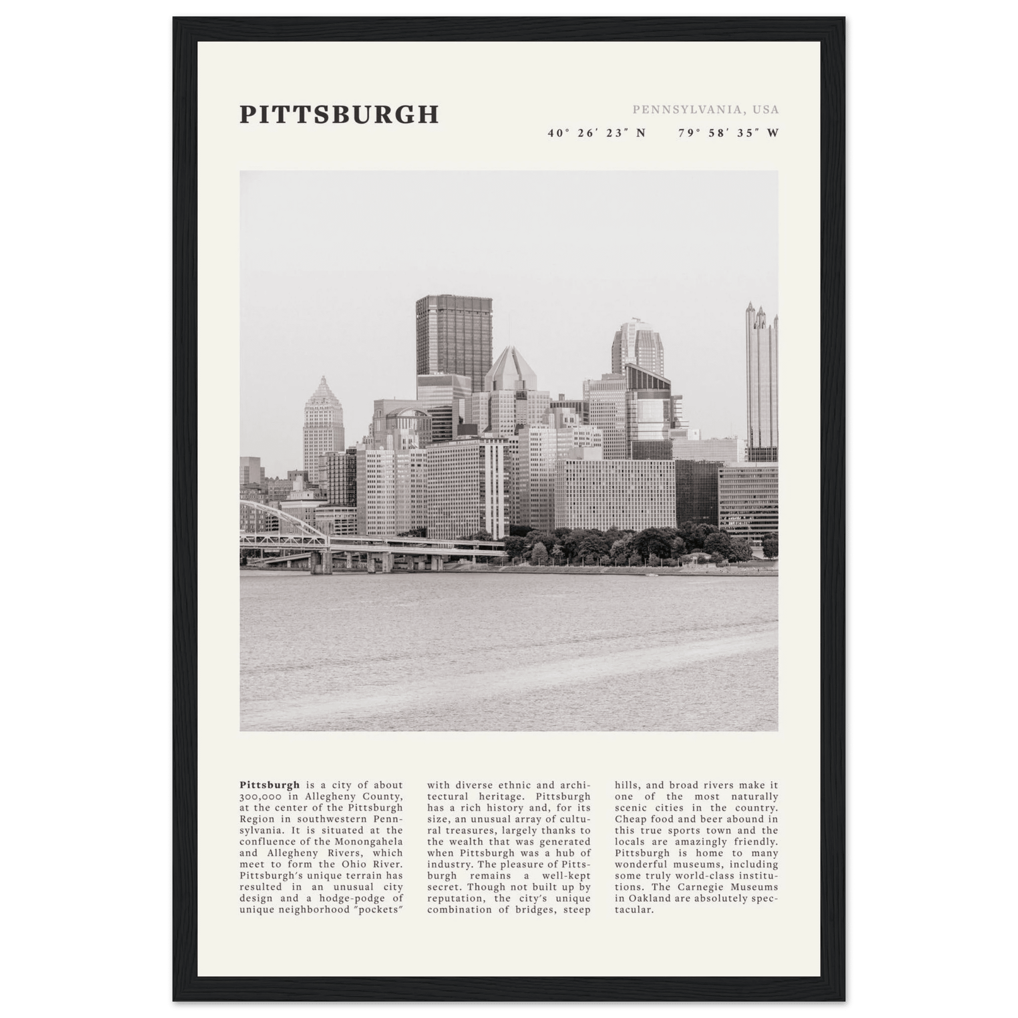 Pittsburgh Poster | Black & White Pennsylvania Skyline Wall Art | PA Travel Print - Evergreen Posters