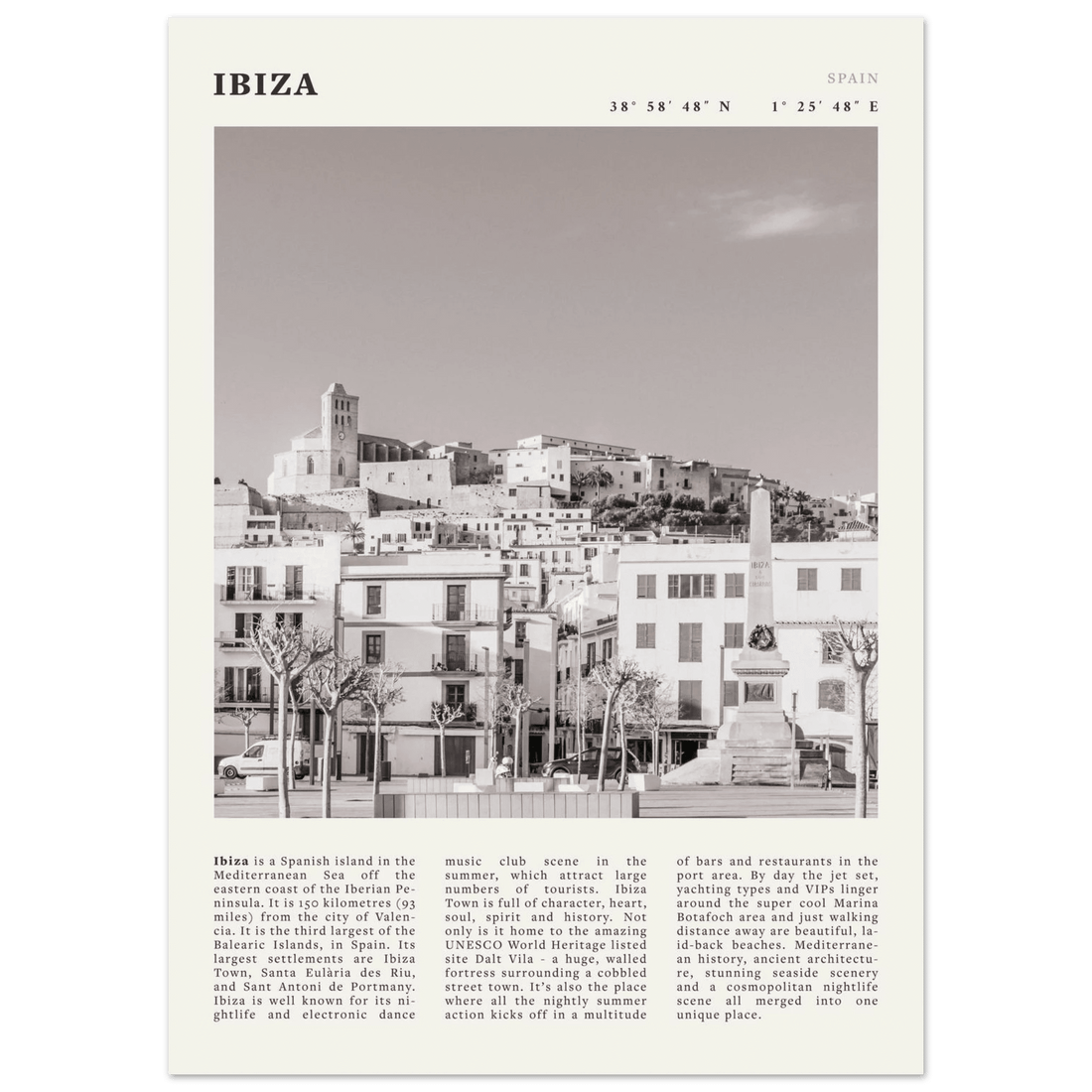 Ibiza Poster | Black & White Spanish Island Wall Art | Spain Travel Print - Evergreen Posters