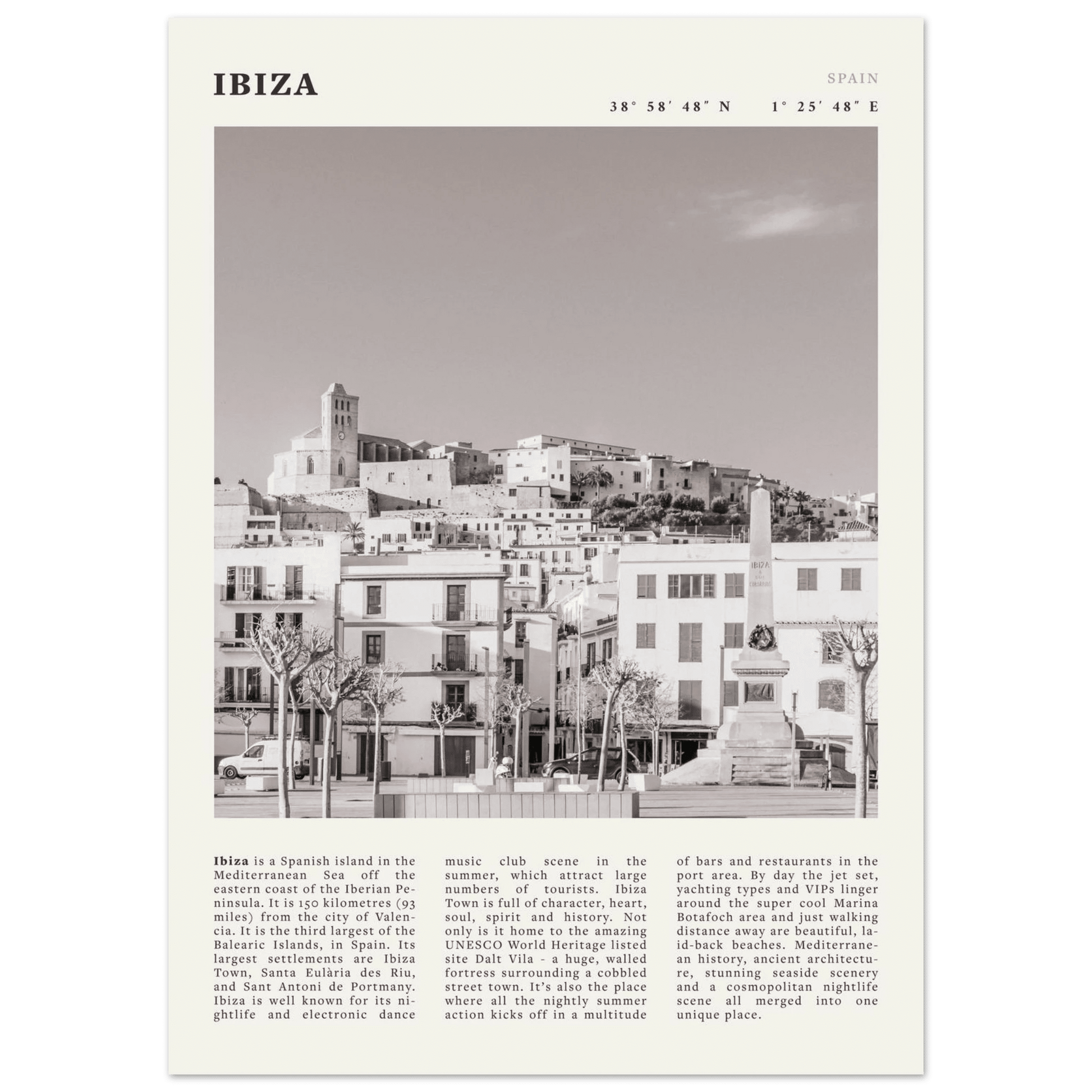 Ibiza Poster | Black & White Spanish Island Wall Art | Spain Travel Print - Evergreen Posters