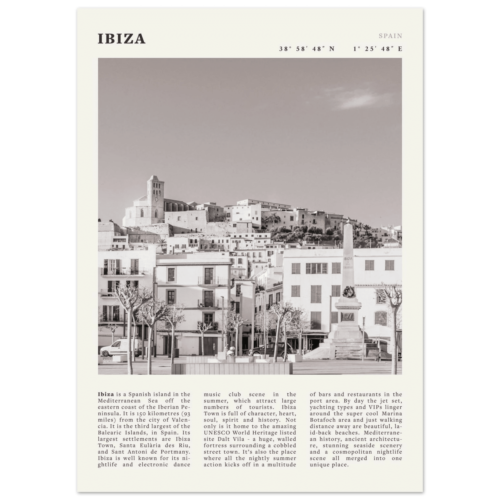 Ibiza Poster | Black & White Spanish Island Wall Art | Spain Travel Print - Evergreen Posters