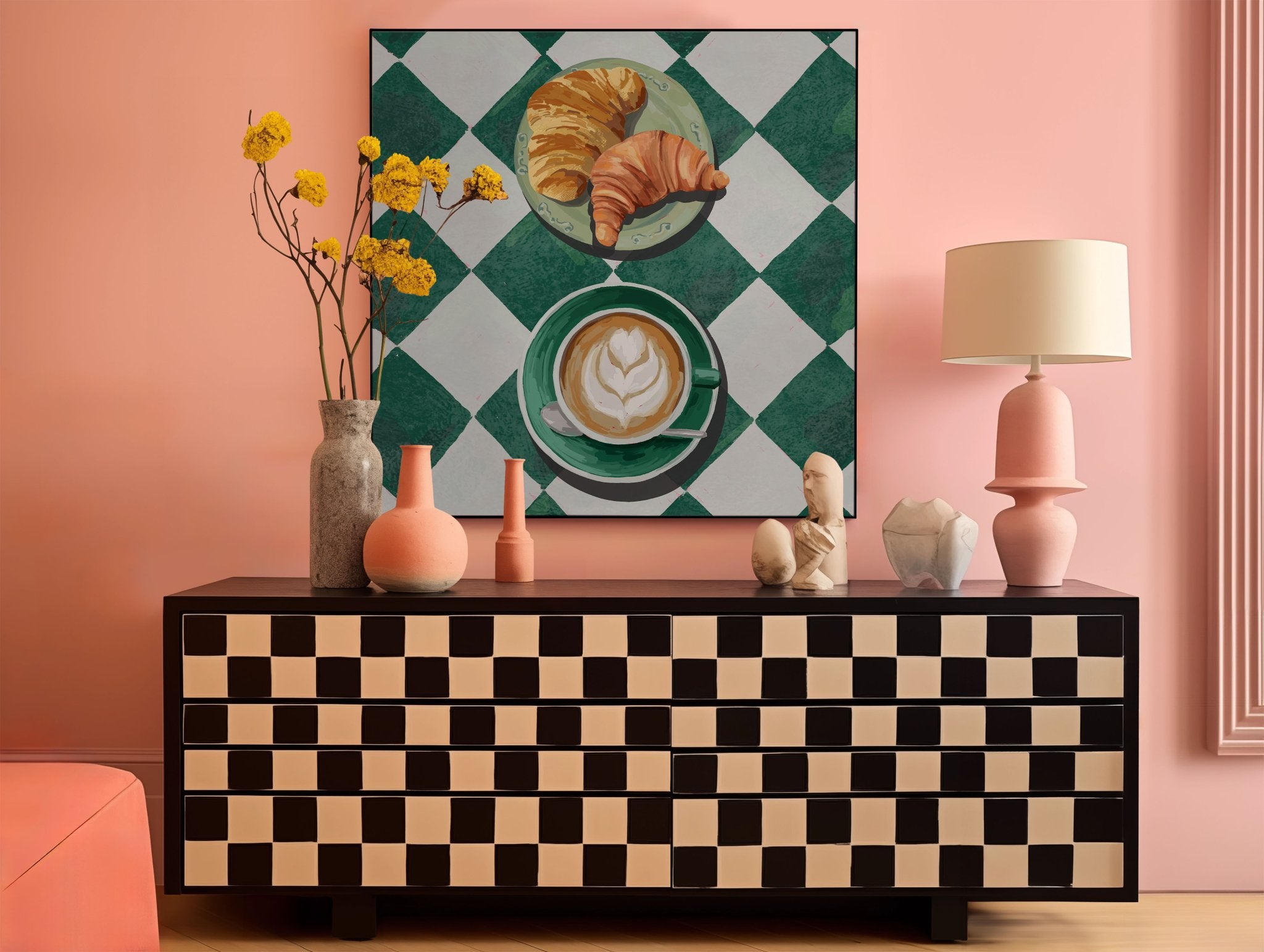 Croissant & Latte Poster | Classic Kitchen Wall Art | Green Tile Square Breakfast Print - Evergreen Posters - 38