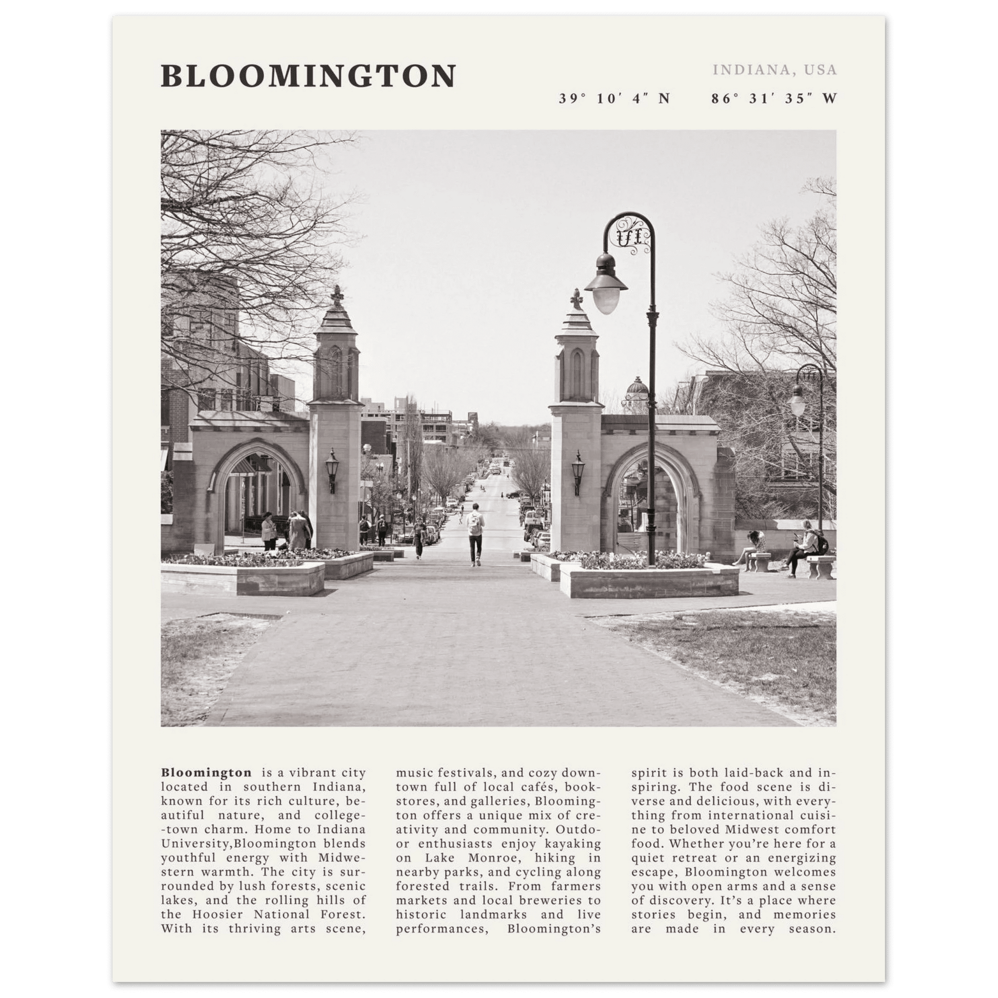 Bloomington Indiana Black and White Vintage Poster - Evergreen Posters