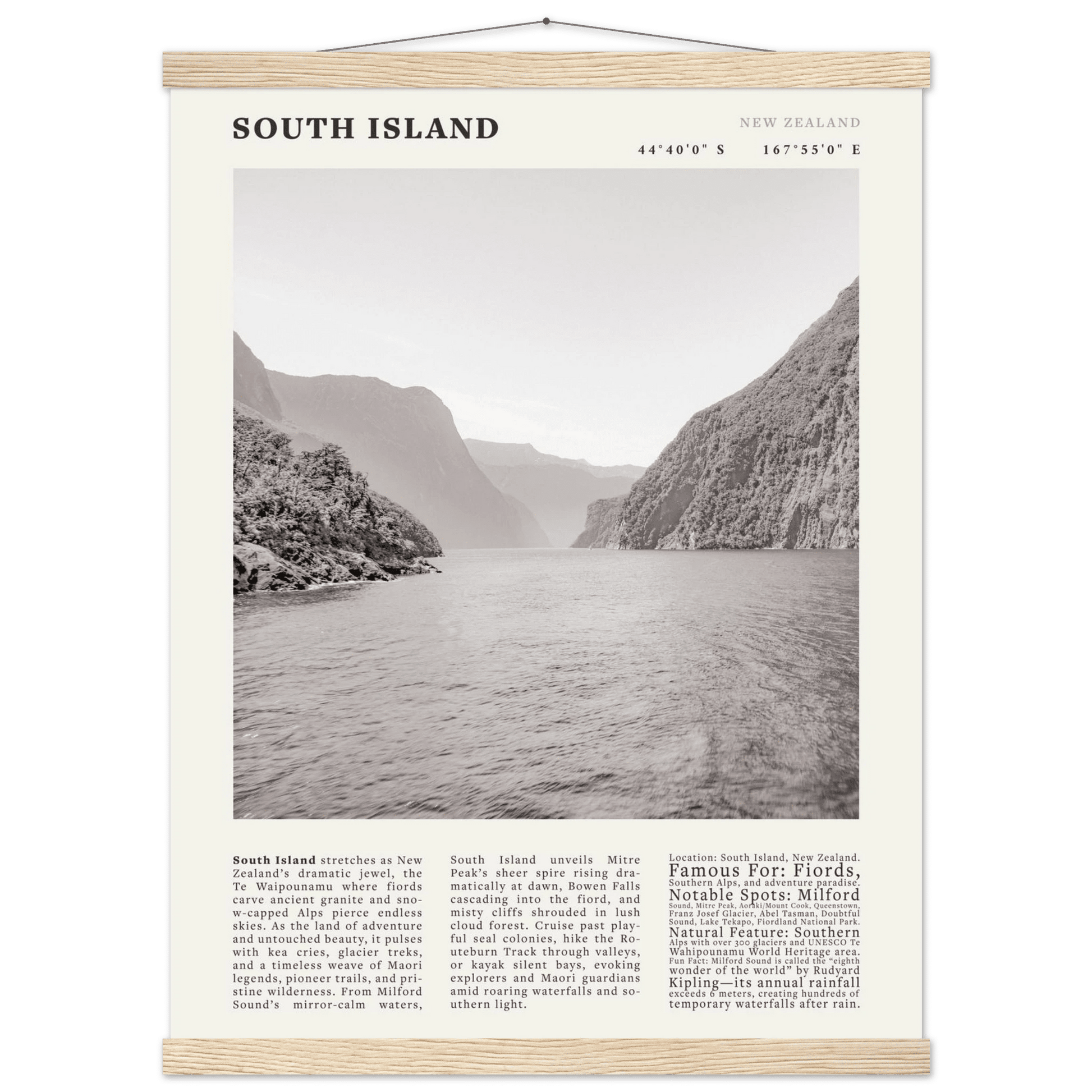 South Island New Zealand Poster Black and White – Vintage Milford Sound Fjord Print - Evergreen Posters