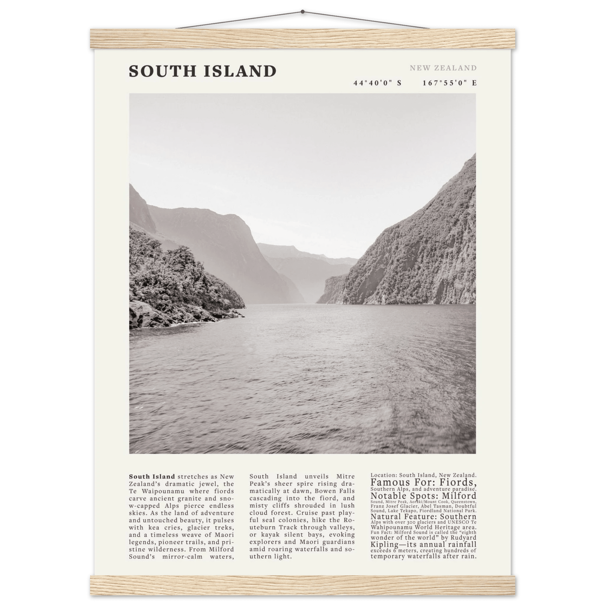 South Island New Zealand Poster Black and White – Vintage Milford Sound Fjord Print - Evergreen Posters