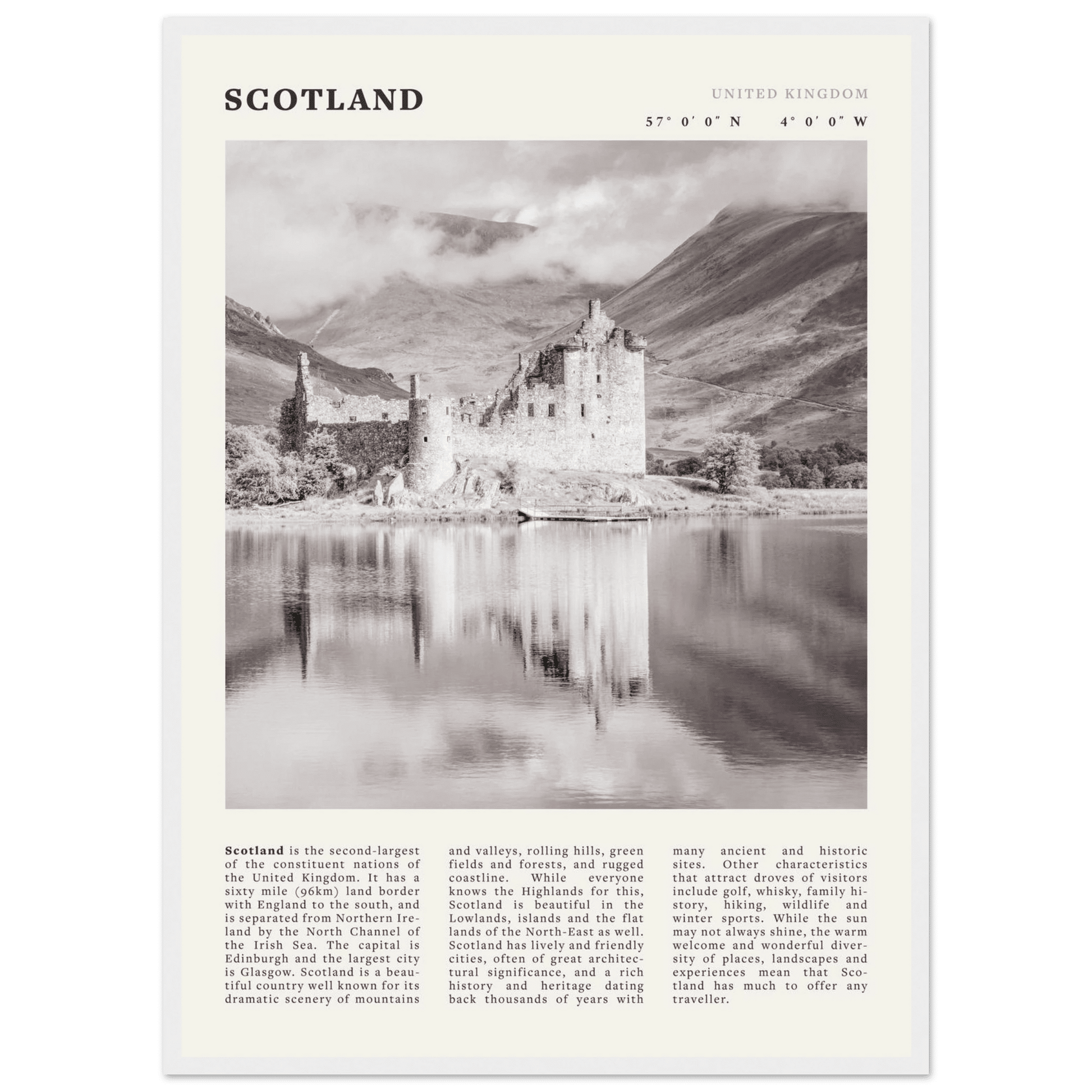 Scotland Poster | Black & White Highland Castle Wall Art | UK Travel Print Decor - Evergreen Posters