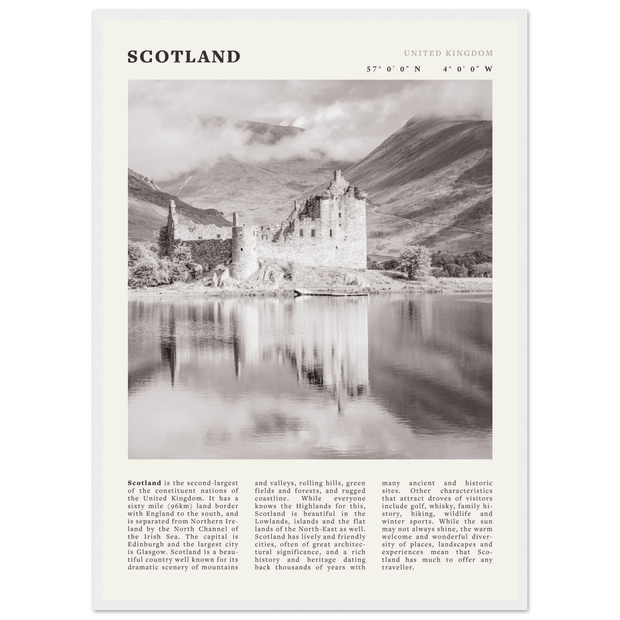 Scotland Poster | Black & White Highland Castle Wall Art | UK Travel Print Decor - Evergreen Posters
