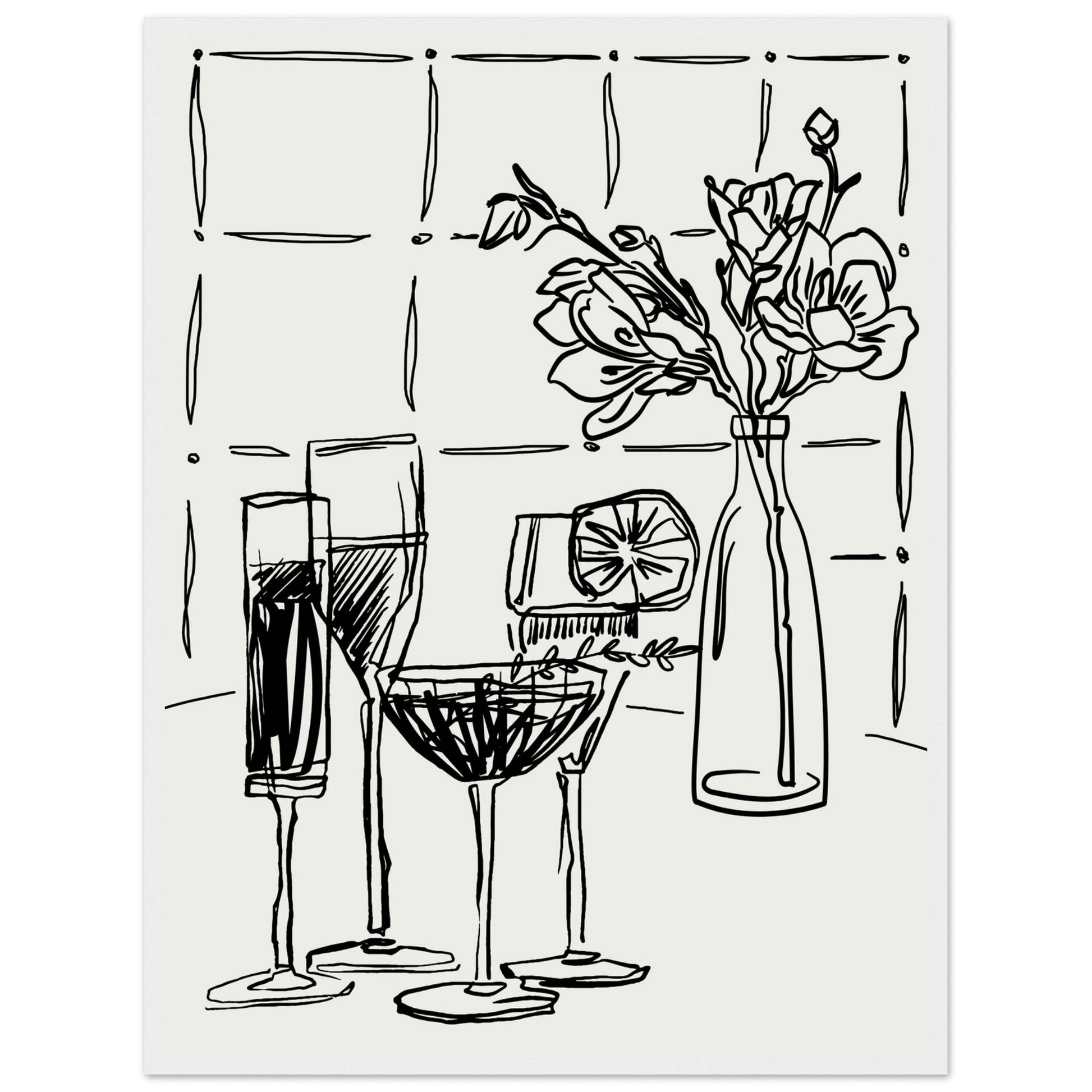 Cocktails & Flowers Print | Black Line Art Drinks Wall Art | Kitchen Bar Poster - Evergreen Posters