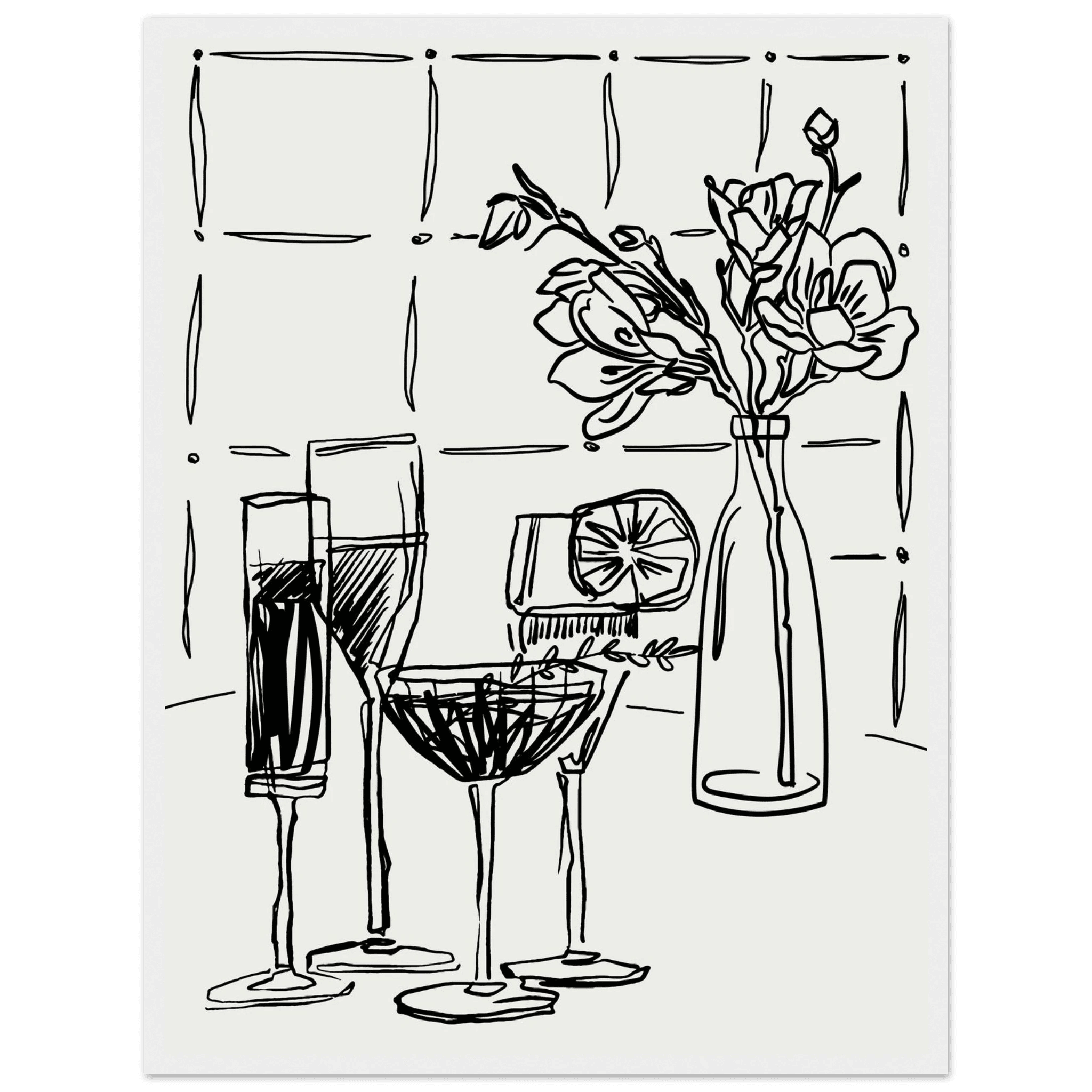 Cocktails & Flowers Print | Black Line Art Drinks Wall Art | Kitchen Bar Poster - Evergreen Posters