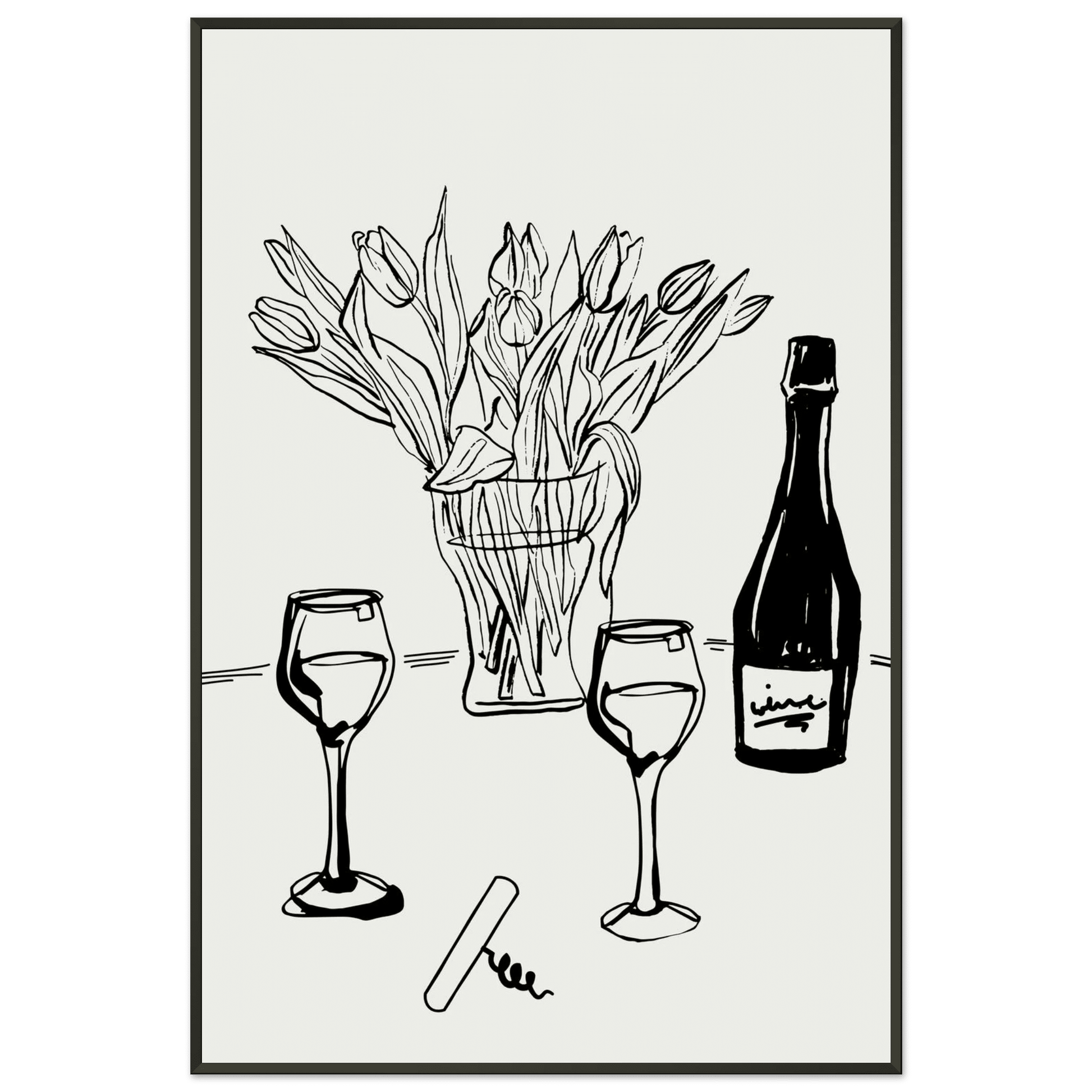 Wine & Tulips Print | Black Line Art Wine Bottle Wall Art | Minimalist Kitchen Poster - Evergreen Posters