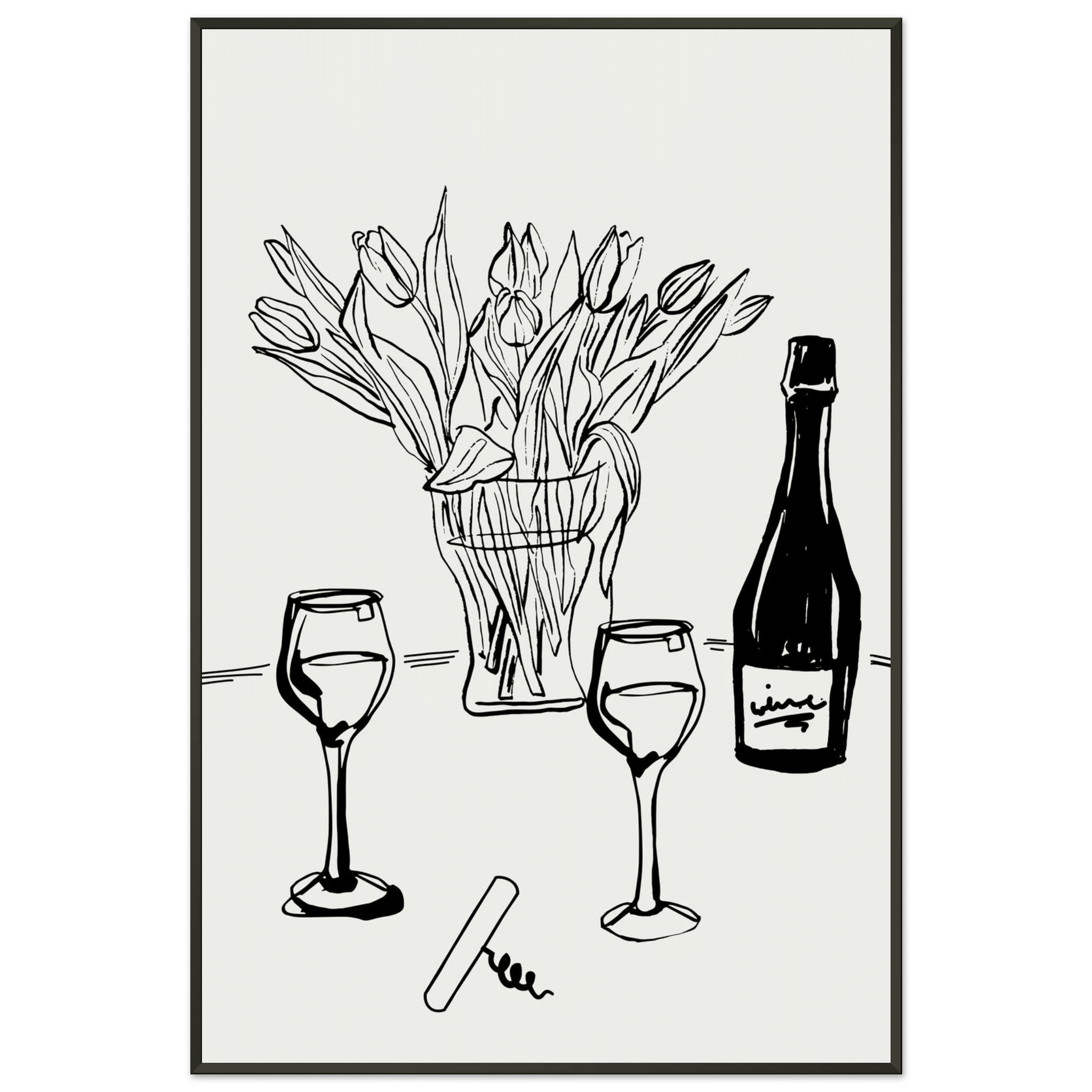 Wine & Tulips Print | Black Line Art Wine Bottle Wall Art | Minimalist Kitchen Poster - Evergreen Posters
