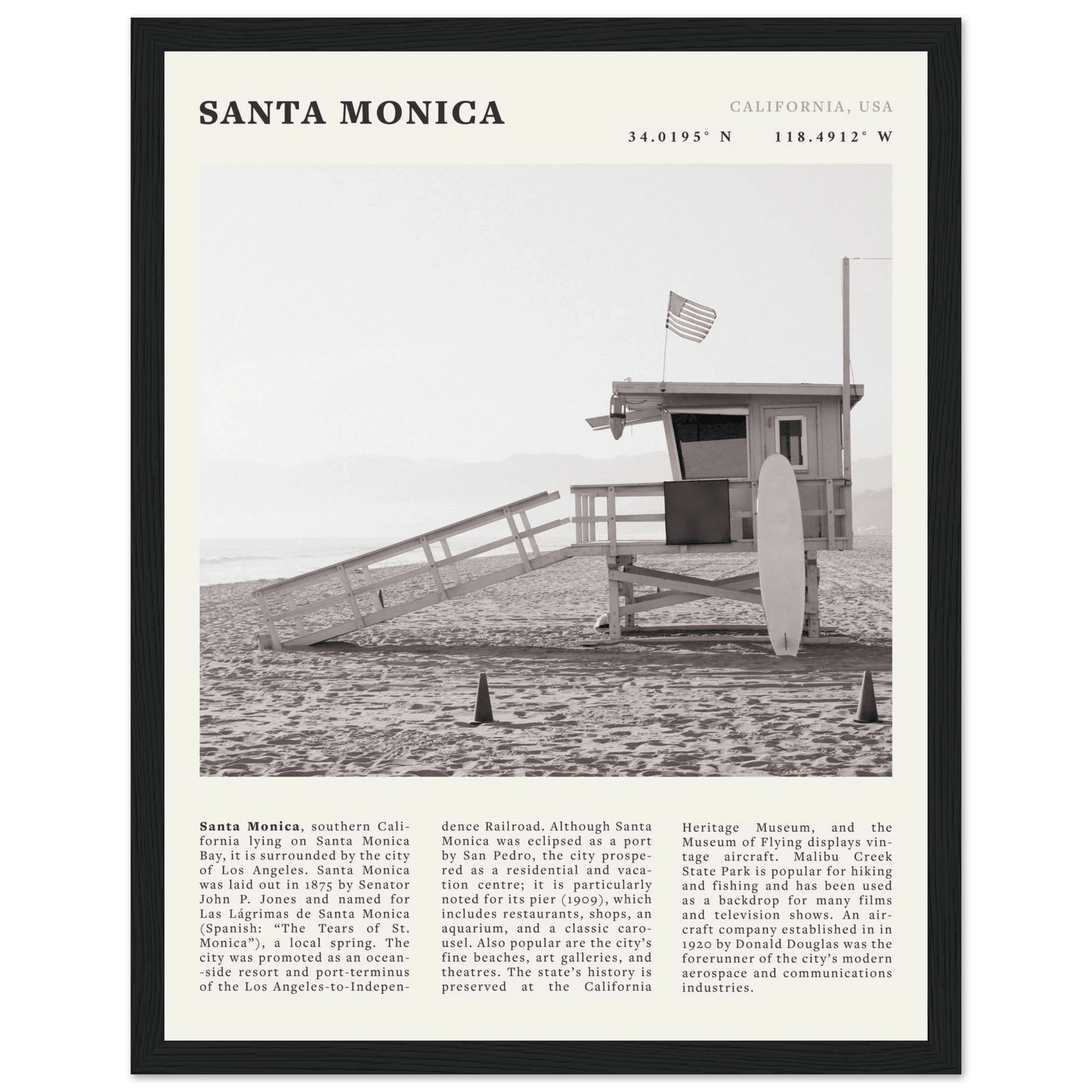Santa Monica Poster | Black & White California Wall Art | Beach Travel Print | Coastal Decor - Evergreen Posters
