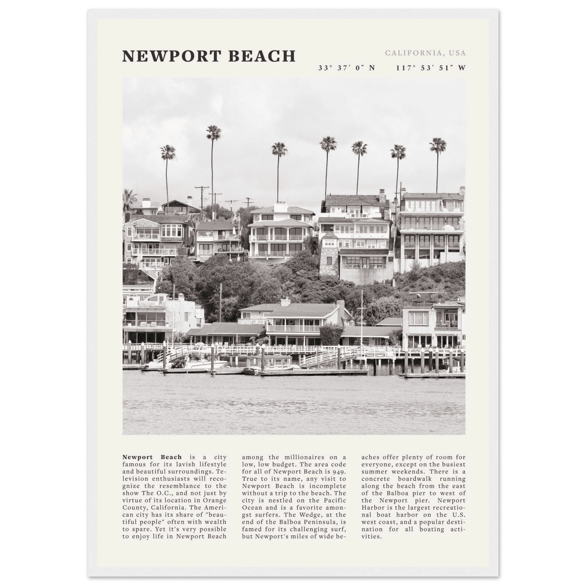 Newport Beach Poster | Black & White California Harbor Wall Art | Coastal Print - Evergreen Posters