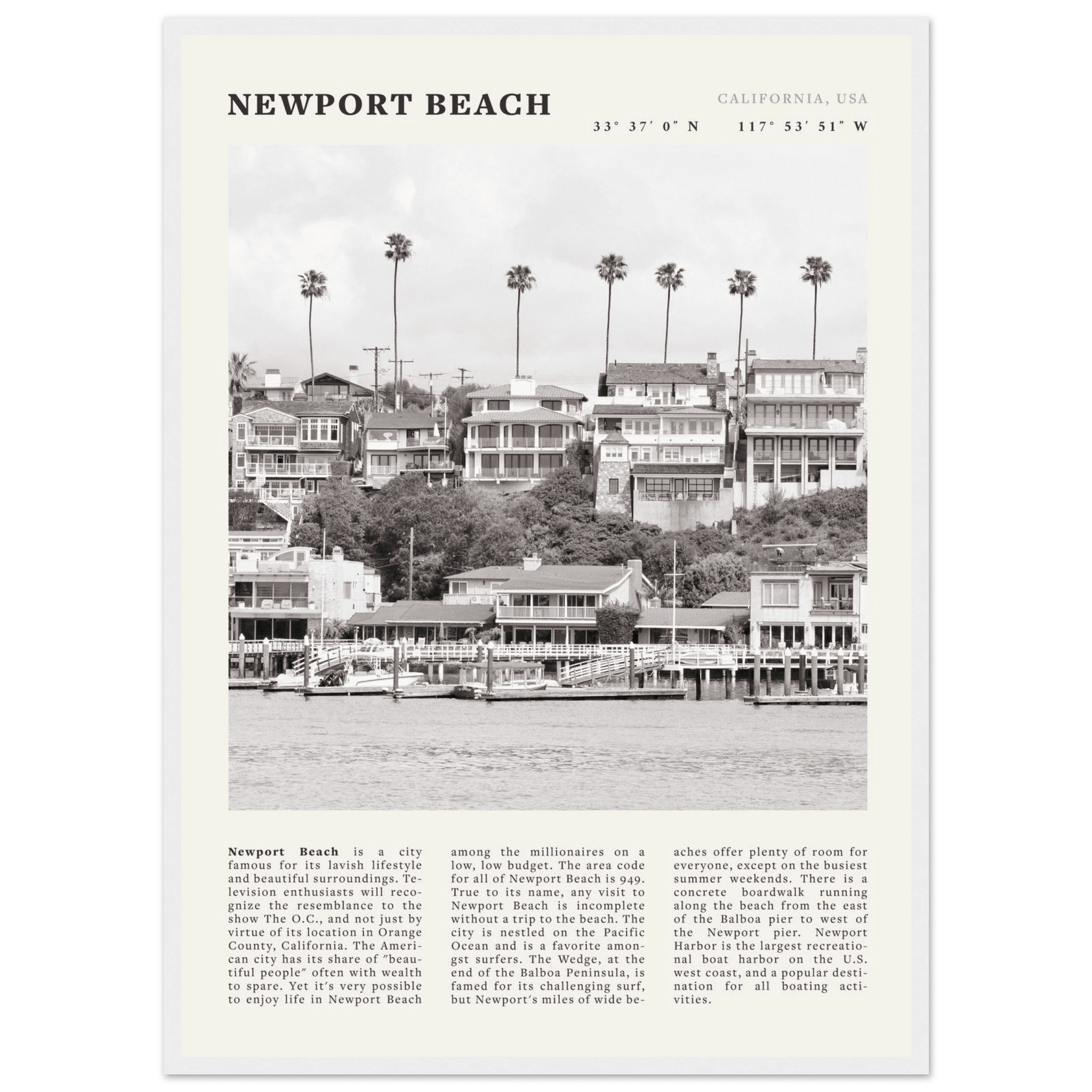Newport Beach Poster | Black & White California Harbor Wall Art | Coastal Print - Evergreen Posters