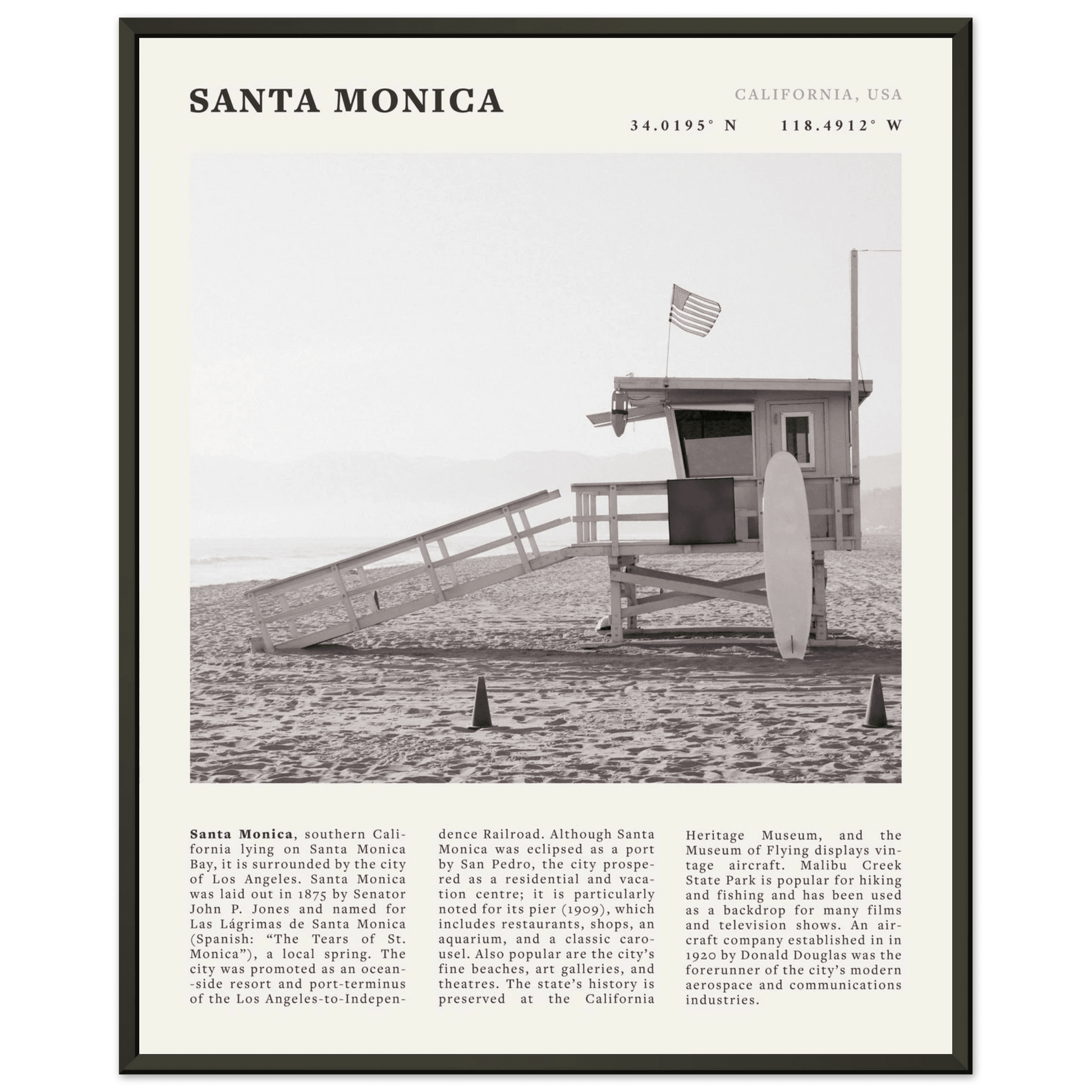Santa Monica Poster | Black & White California Wall Art | Beach Travel Print | Coastal Decor - Evergreen Posters