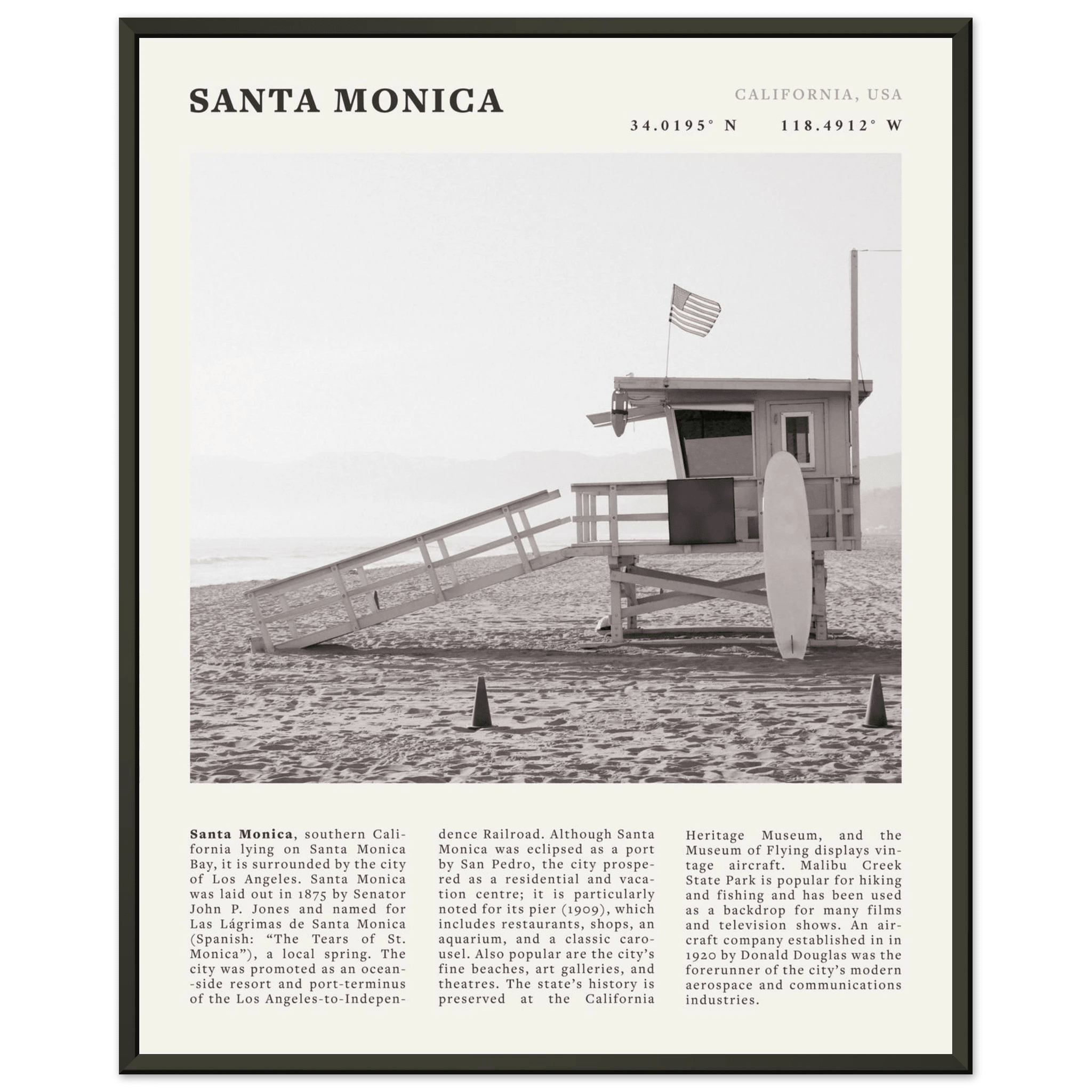 Santa Monica Poster | Black & White California Wall Art | Beach Travel Print | Coastal Decor - Evergreen Posters