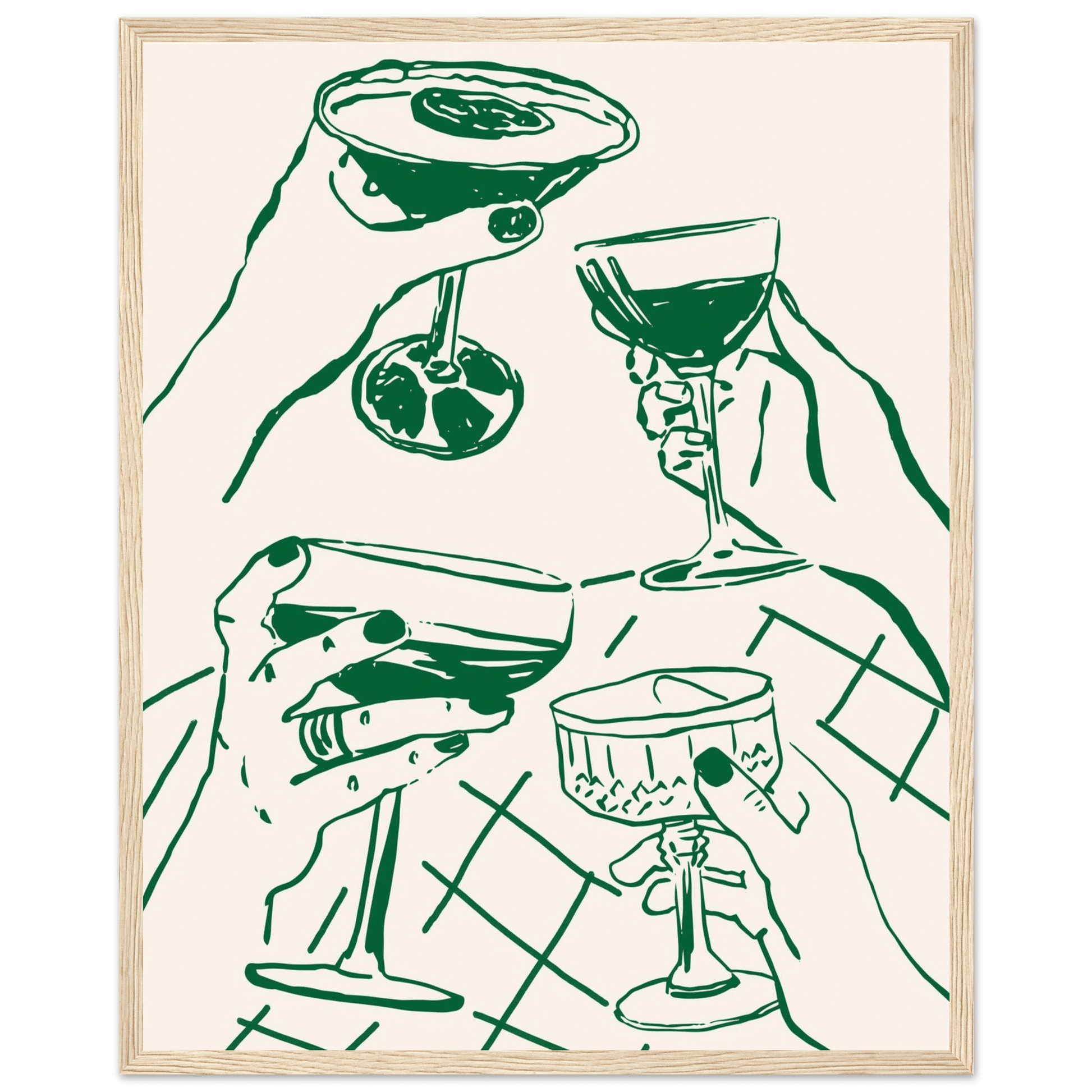 Cheers Print | Forest Green Cocktail Glasses Wall Art | Kitchen Bar Poster - Evergreen Posters