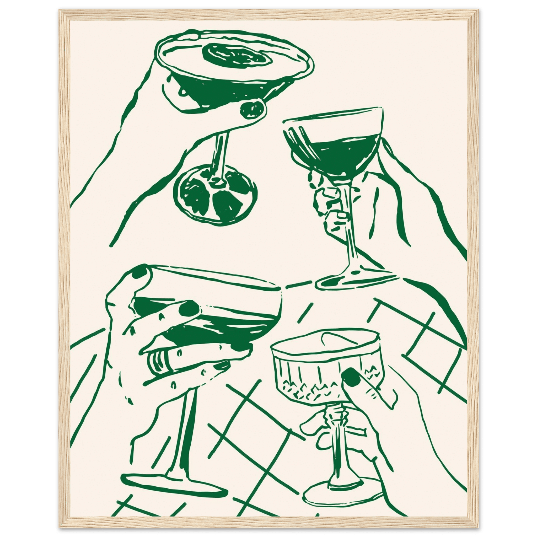 Cheers Print | Forest Green Cocktail Glasses Wall Art | Kitchen Bar Poster - Evergreen Posters