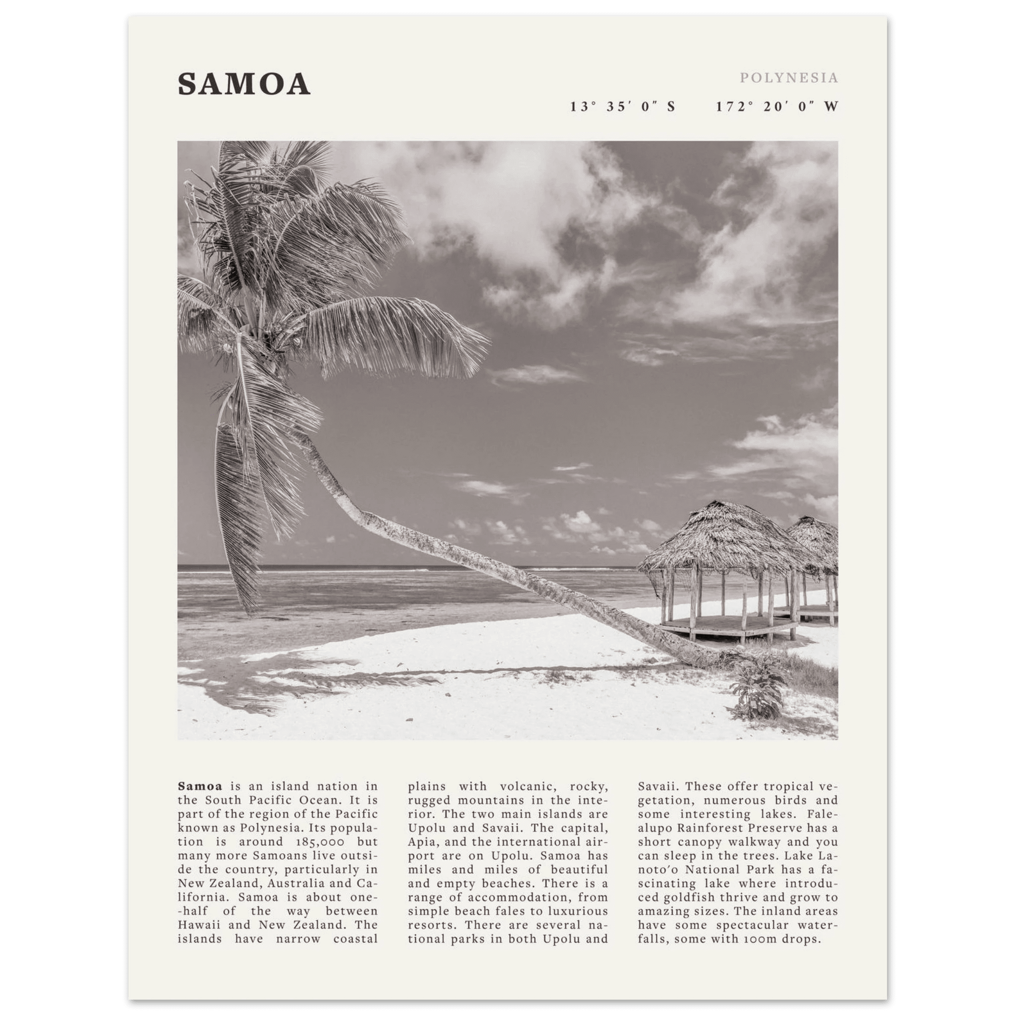 Samoa Poster | Black & White South Pacific Beach Wall Art | Polynesia Travel Print - Evergreen Posters