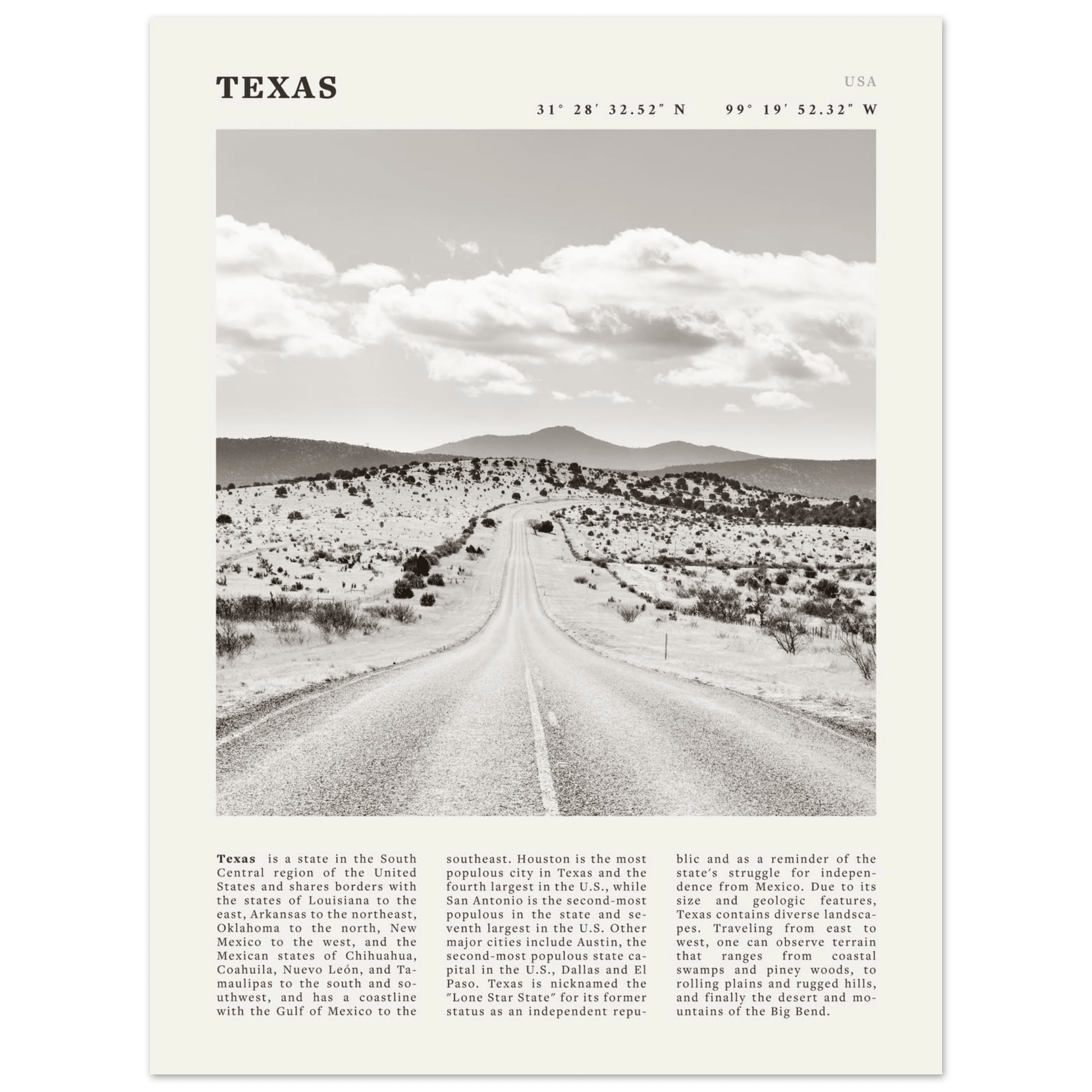 Texas Poster | Black & White Lone Star Road Wall Art | USA Travel Print Decor - Evergreen Posters