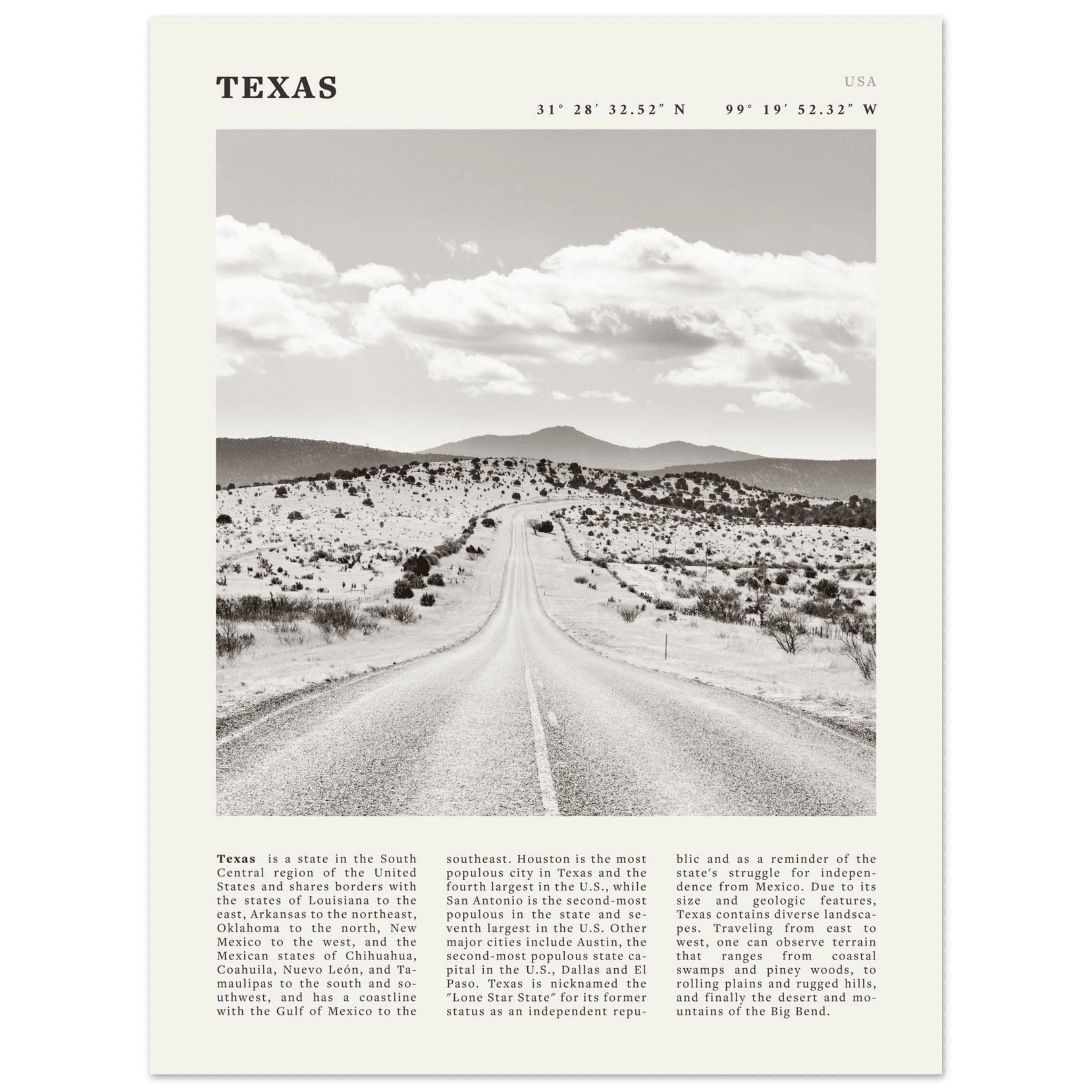Texas Poster | Black & White Lone Star Road Wall Art | USA Travel Print Decor - Evergreen Posters
