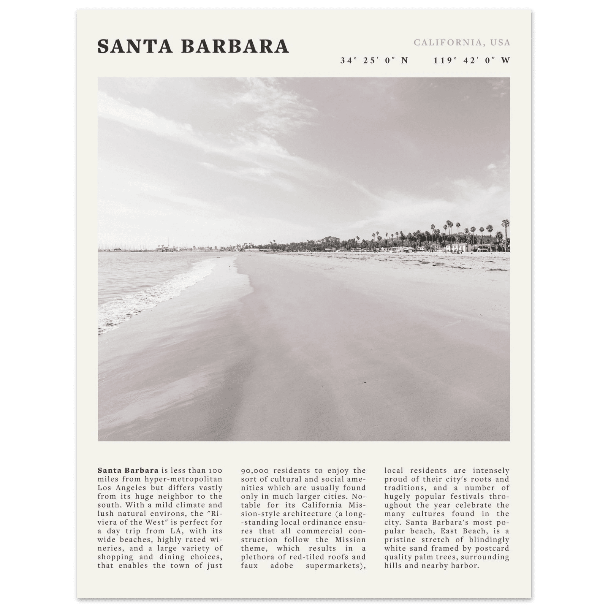 Santa Barbara Poster | Black & White California Beach Wall Art | CA Travel Print - Evergreen Posters