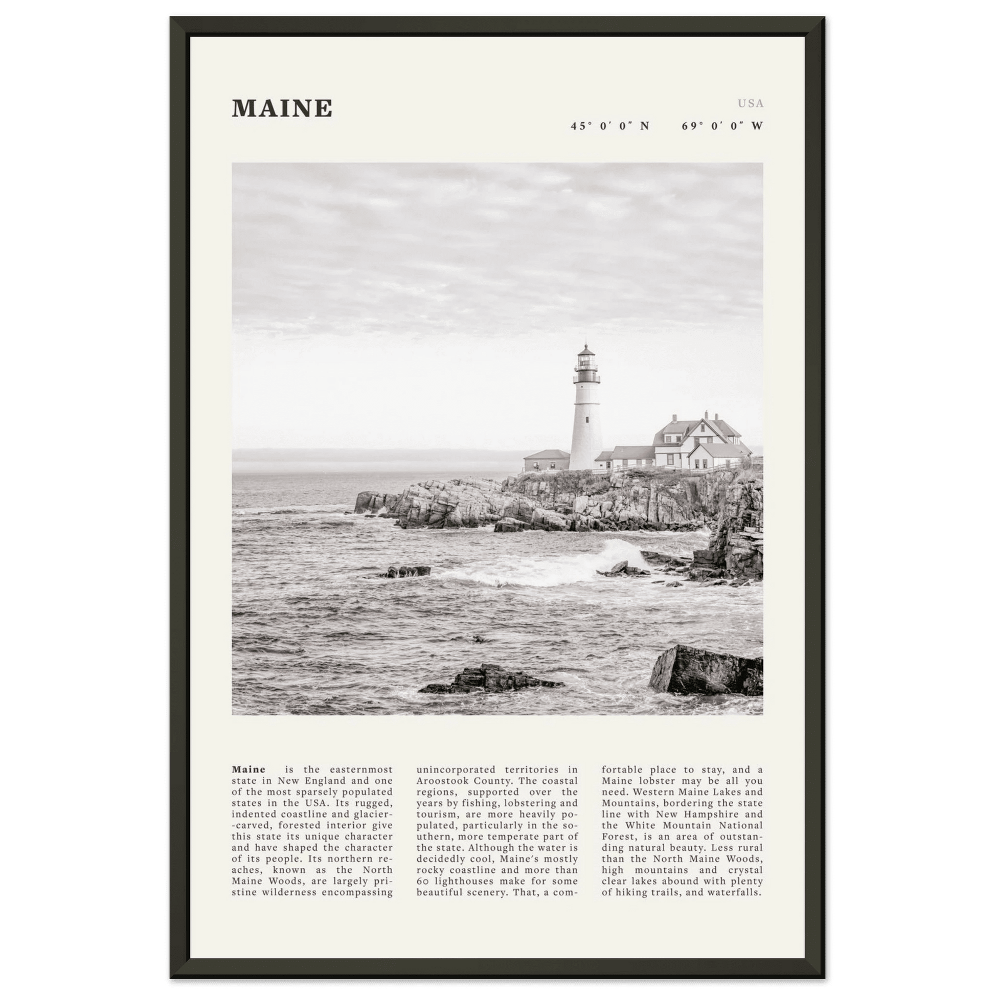 Maine Poster | Black & White Lighthouse Wall Art | New England Coastal Travel Print - Evergreen Posters