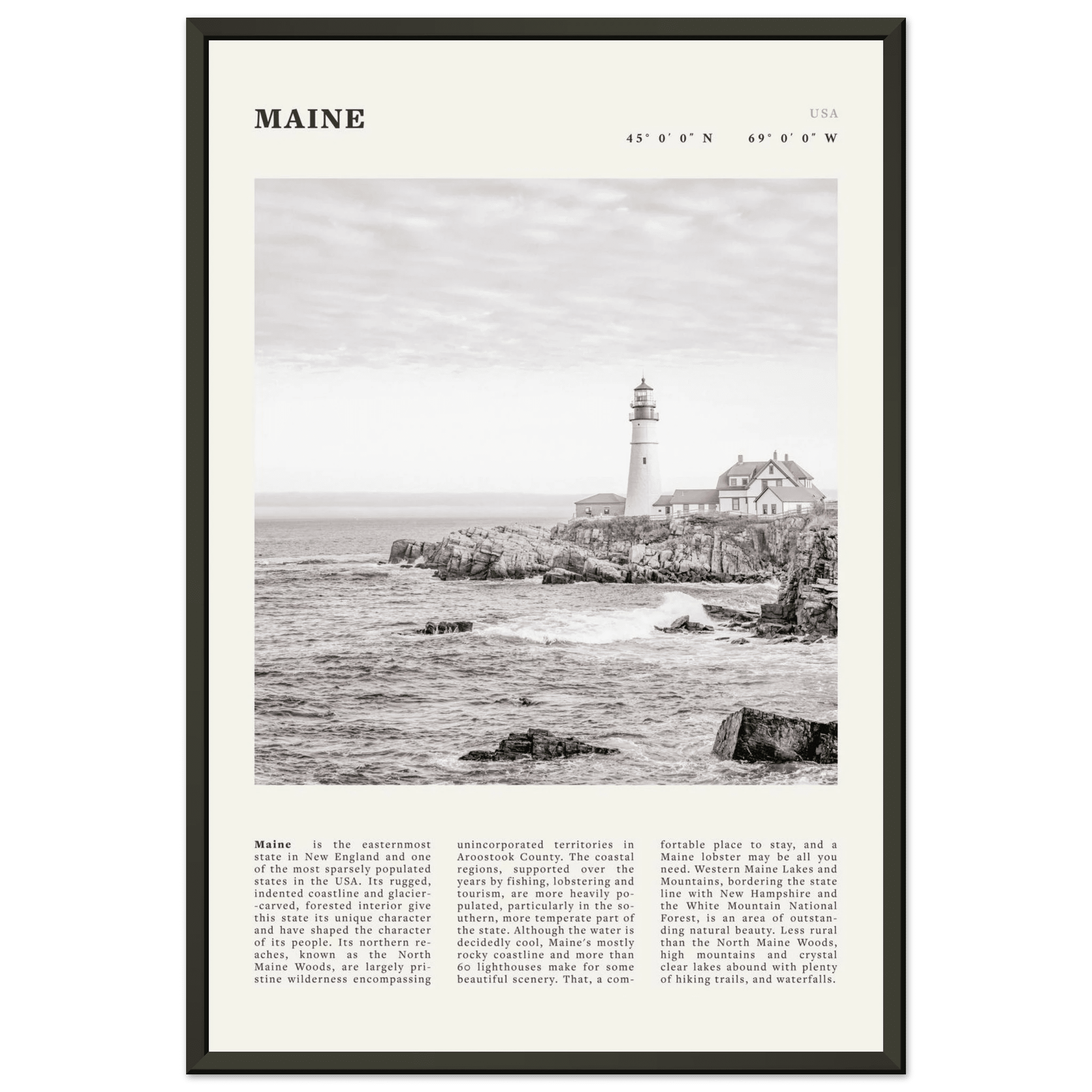 Maine Poster | Black & White Lighthouse Wall Art | New England Coastal Travel Print - Evergreen Posters