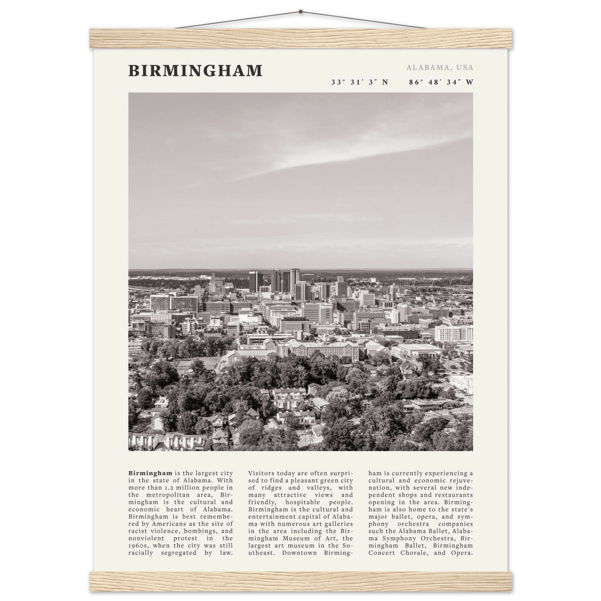 Birmingham Poster | Black & White Alabama Skyline Wall Art | AL Travel Print - Evergreen Posters