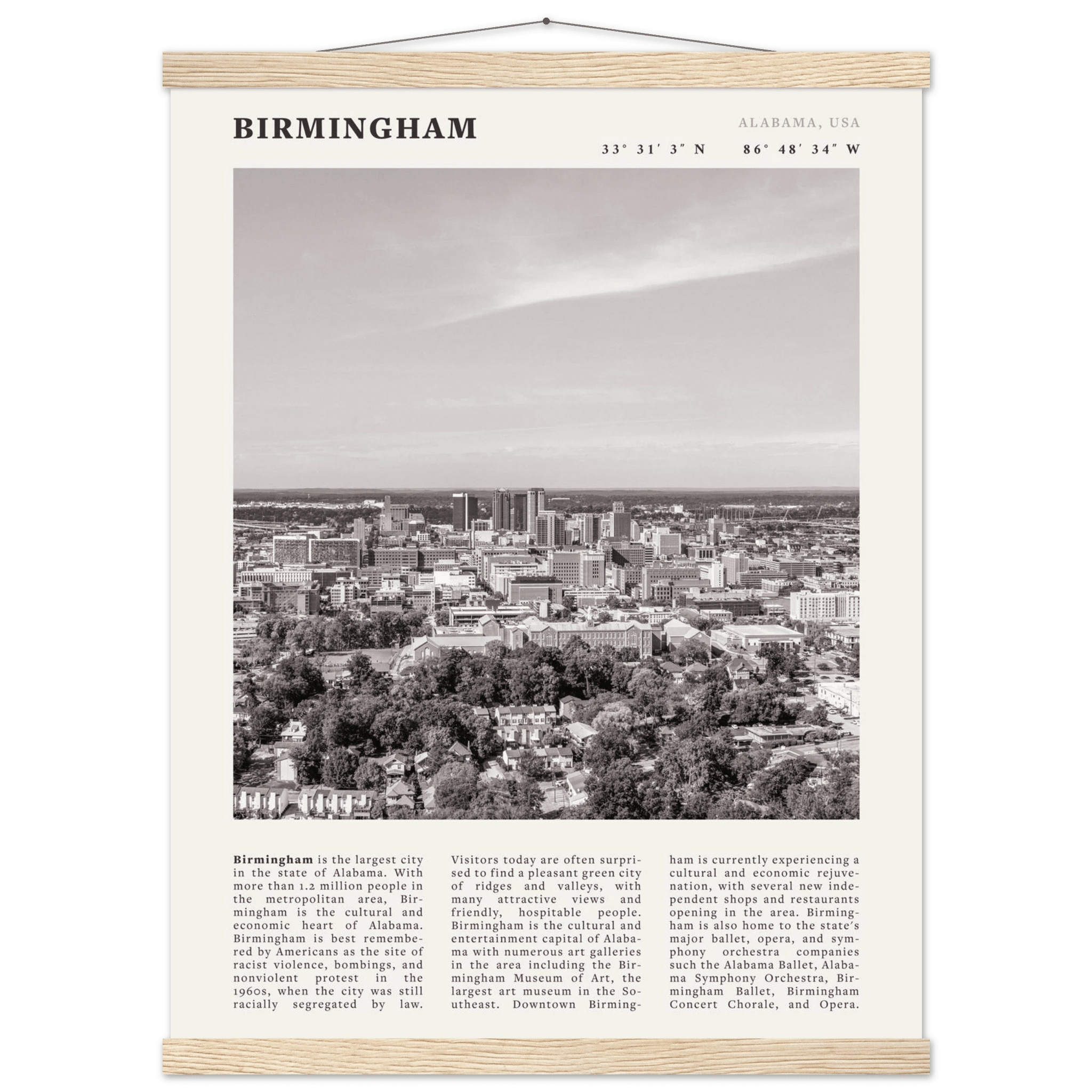 Birmingham Poster | Black & White Alabama Skyline Wall Art | AL Travel Print - Evergreen Posters