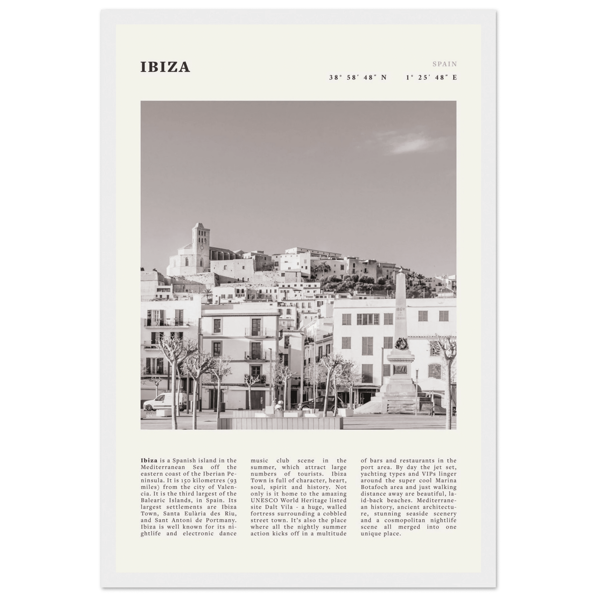 Ibiza Poster | Black & White Spanish Island Wall Art | Spain Travel Print - Evergreen Posters